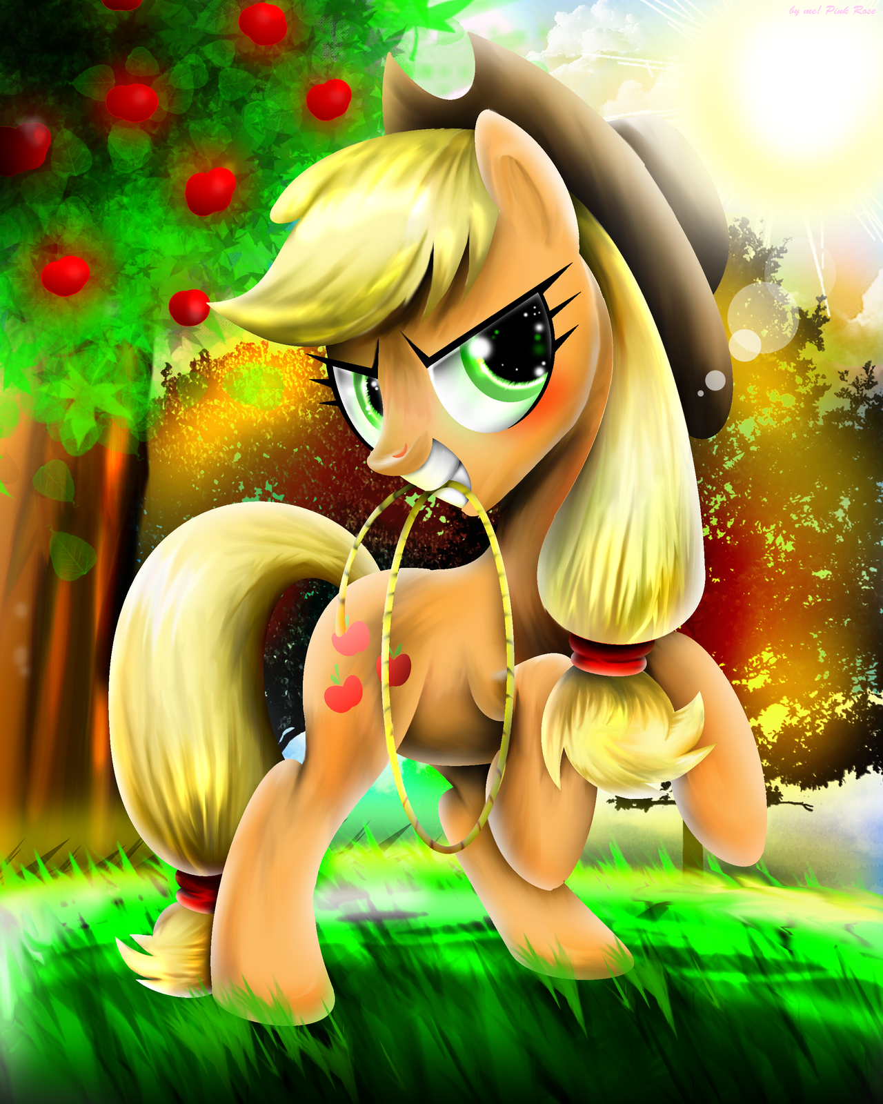 #793764 - safe, artist:pinkrose2001, applejack, g4, female, grin, lens ...