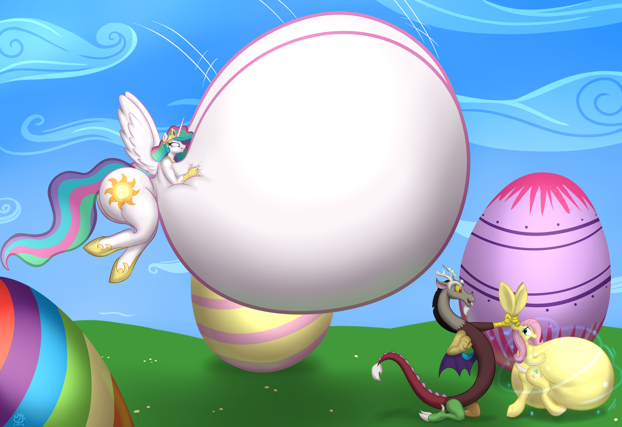 590176 - questionable, artist:badgerben, discord, fluttershy, princess  celestia, alicorn, rabbit, anthro, unguligrade anthro, g4, ass, big breasts,  breast expansion, breasts, breasts on floor, bunnyshy, busty fluttershy,  busty princess celestia, butt ...