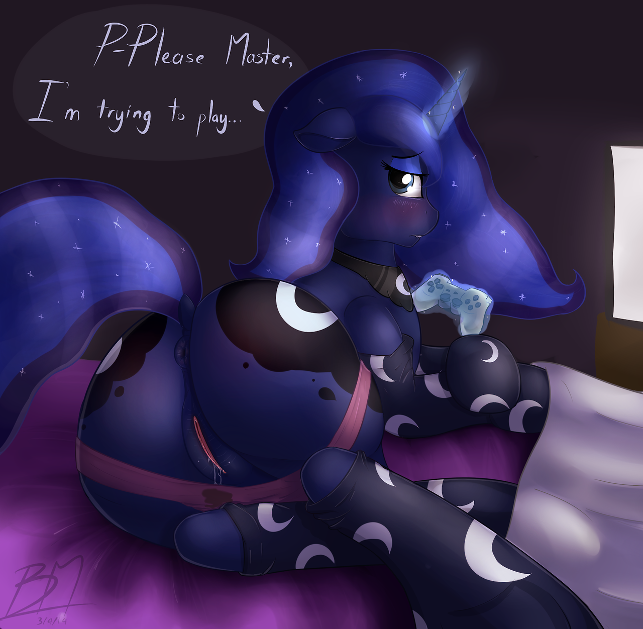 592090 - explicit, artist:bigmuffintosh, princess luna, gamer luna, g4,  anus, blushing, both cutie marks, butt, clothes, controller, dialogue,  female, looking back, lunasub, magic, nudity, panties, panties around legs,  panties pulled down, playstation,