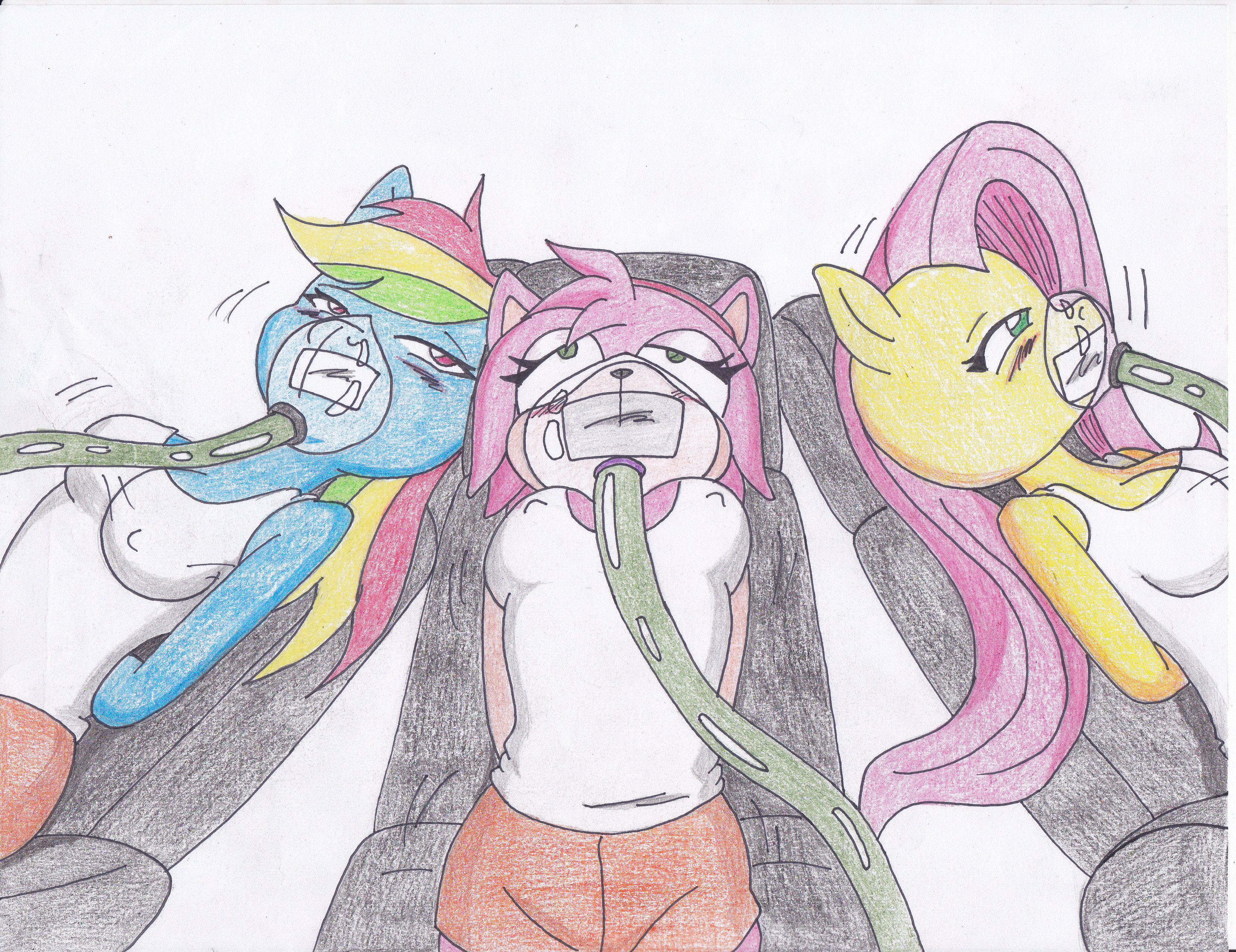 633918 - suggestive, artist:reimon-master-ii, fluttershy, rainbow dash,  anthro, g4, amy rose, arm behind back, blushing, bondage, bondage  furniture, breasts, crossover, erect nipples, gag, gas mask, help us, high  res, nipple outline, oxygen