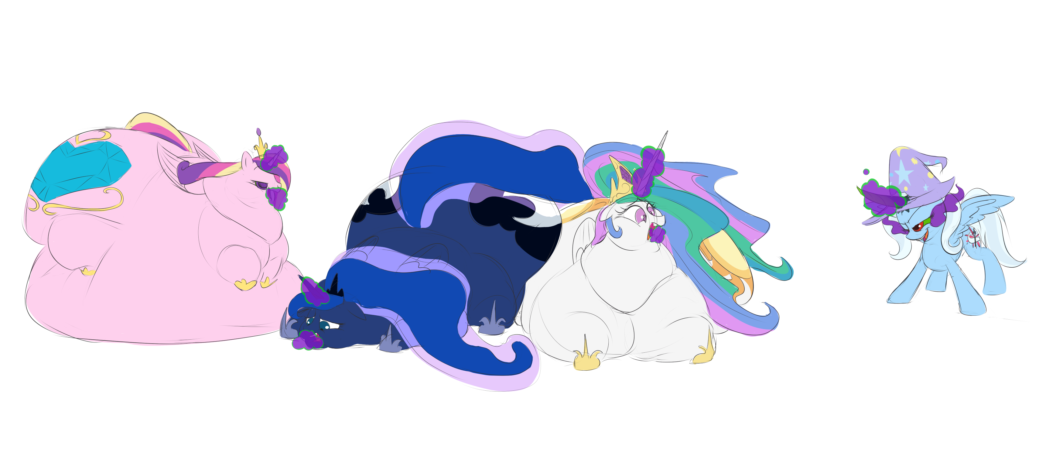 659374 - questionable, artist:calorie, king sombra, princess cadance, princess  celestia, princess luna, trixie, alicorn, pony, g4, alicorn triarchy,  alicornified, belly, belly bed, big belly, butt, chubbylestia, corrupted,  dark magic, fat, force feeding,