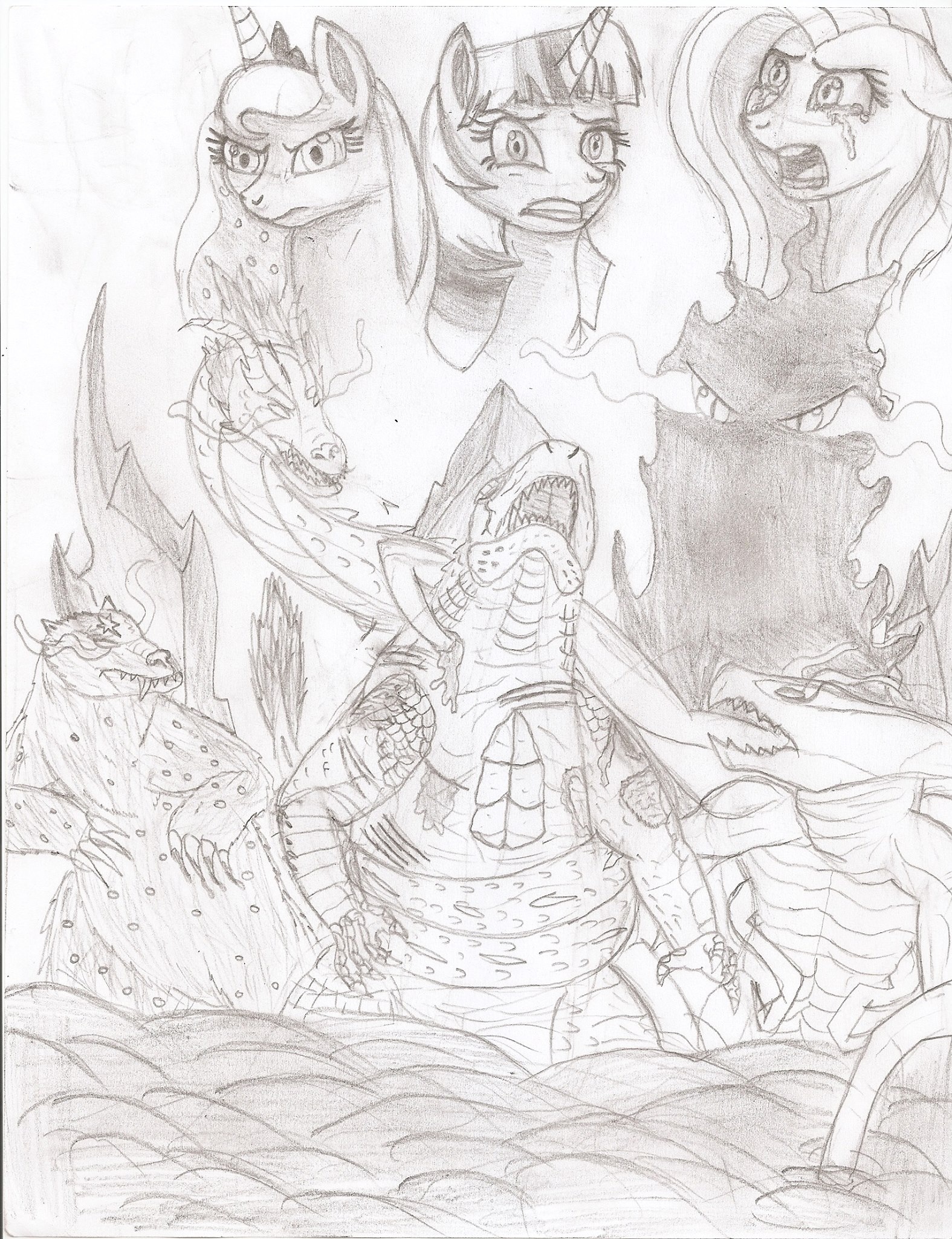 664291 Alicorn Artist Johng117 Crossover Dark Magic Female Femuto Fluttershy Godzilla Godzilla 2014 Godzilla Series Kaiju King Ghidorah King Sombra Magic Manda Mare Monochrome Muto Pony Princess Luna Safe Sombra Eyes Traditional