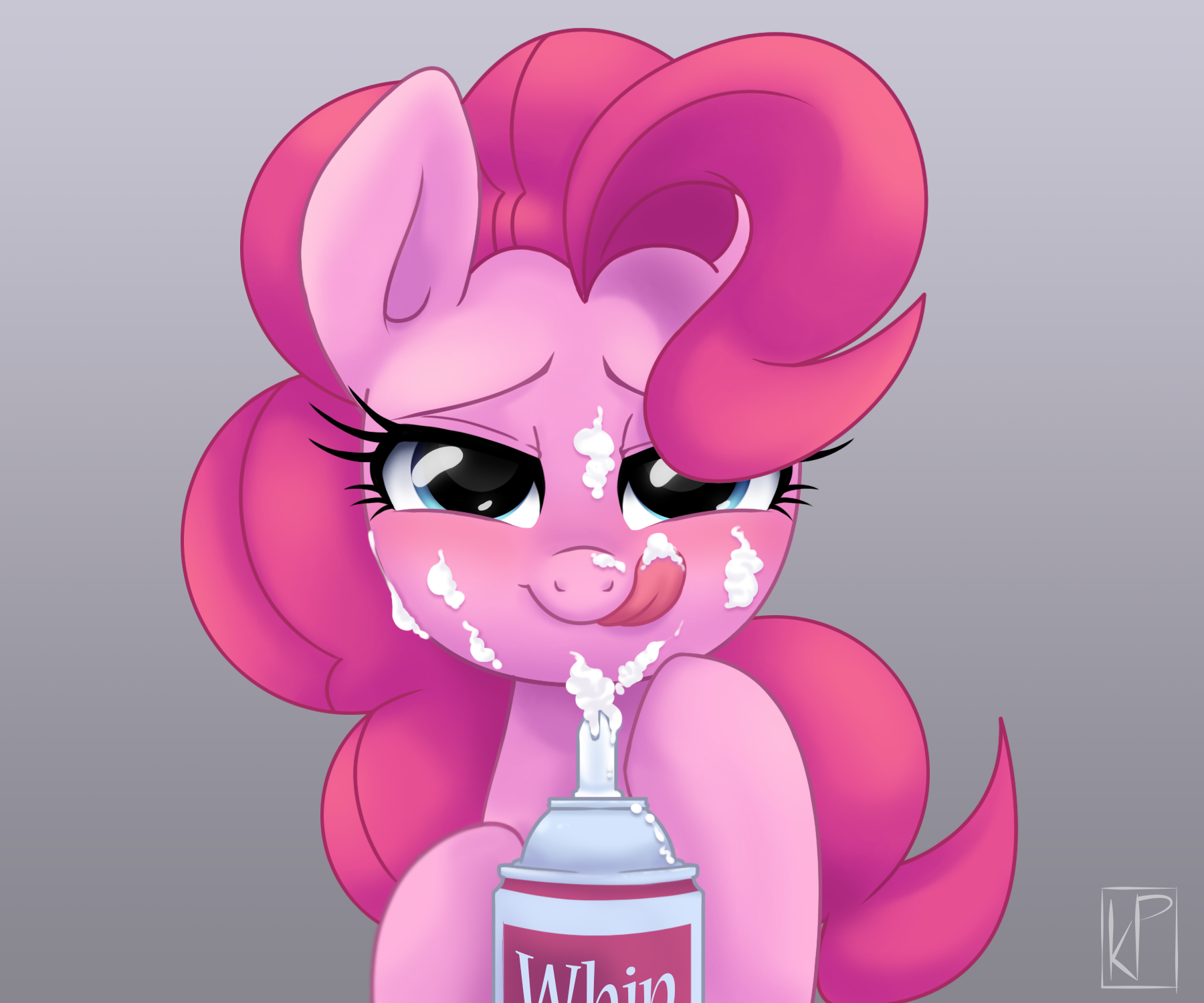 644786 - suggestive, artist:kinkypinkie, pinkie pie, earth pony, pony, g4,  bedroom eyes, blushing, creamy creamy frosting, female, food, foodplay,  gradient background, licking, licking lips, not porn, pinkamena cream pie,  solo, solo female,