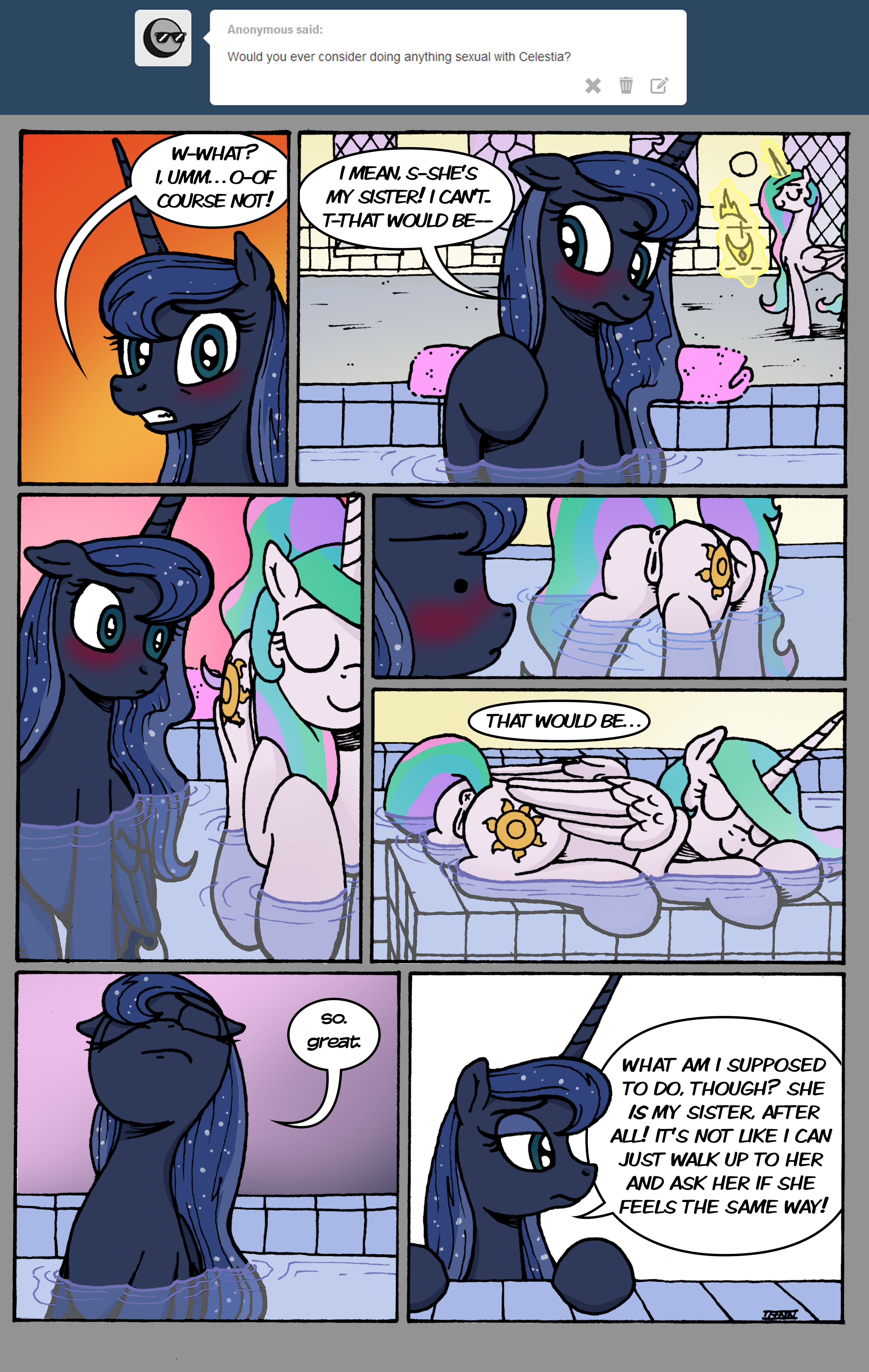 684775 - explicit, artist:selenophile, princess celestia, princess luna,  alicorn, pony, g4, absurd resolution, anus, bath, blushing, comic, debate  in the comments, dialogue, embarrassed, english, eyes closed, eyes on the  prize, female, floppy