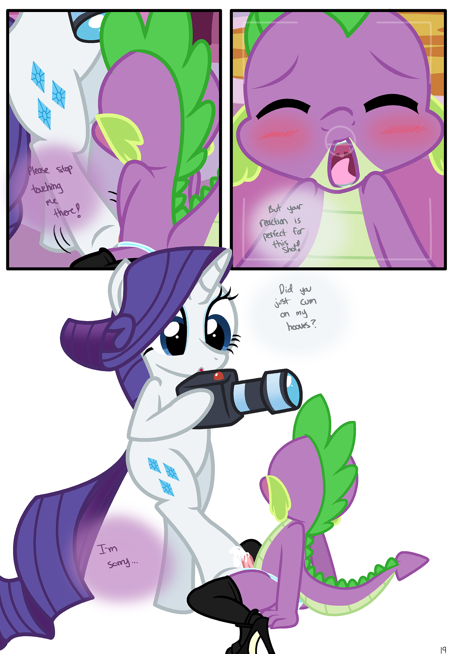 696191 - source needed, explicit, artist:pyruvate, rarity, spike,  comic:dragon queen, g4, accidental orgasm, age difference, ahegao,  blushing, camera, comic, crossdressing, cum, cum on hooves, female, femboy,  femboy spike, femdom, foalcon, high heels,