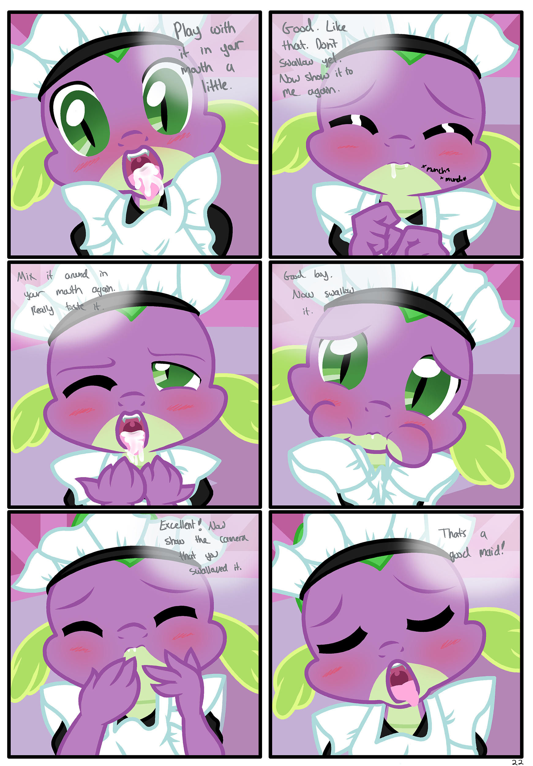 709722 - explicit, artist:pyruvate, rarity, spike, comic:dragon queen, g4,  blushing, clothes, comic, crossdressing, cum, cum eating instructions, cum  in mouth, dialogue, eyes closed, femboy, femboy spike, femdom, foalcon,  good boy, implied gay,