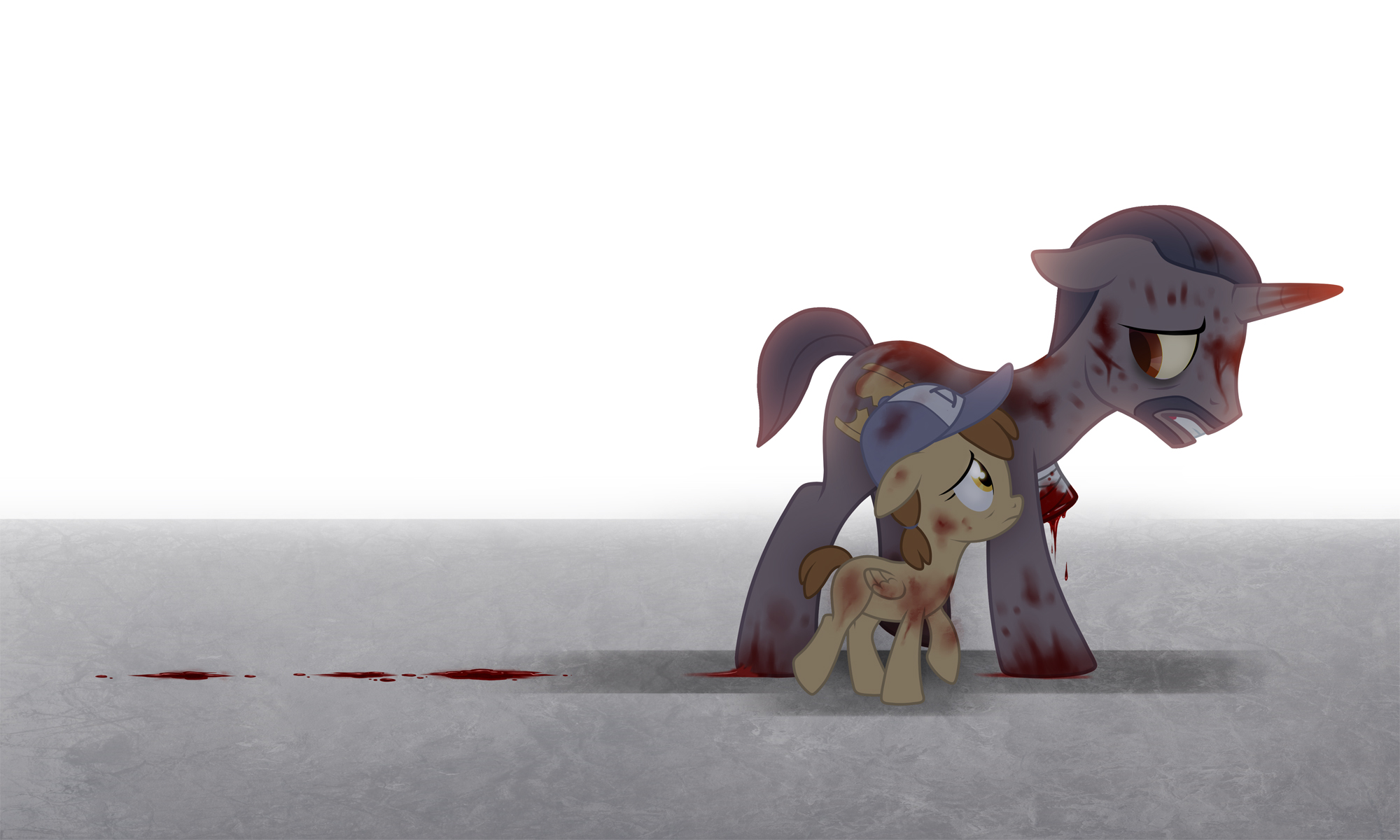 710451 - grimdark, artist:stasysolitude, pegasus, pony, unicorn, amputee,  bleeding, blood, bloody, clementine (walking dead), crossover, emotional,  feels, floppy ears, frown, gritted teeth, hat, lee everett, ponified, sad,  the walking dead, the walking