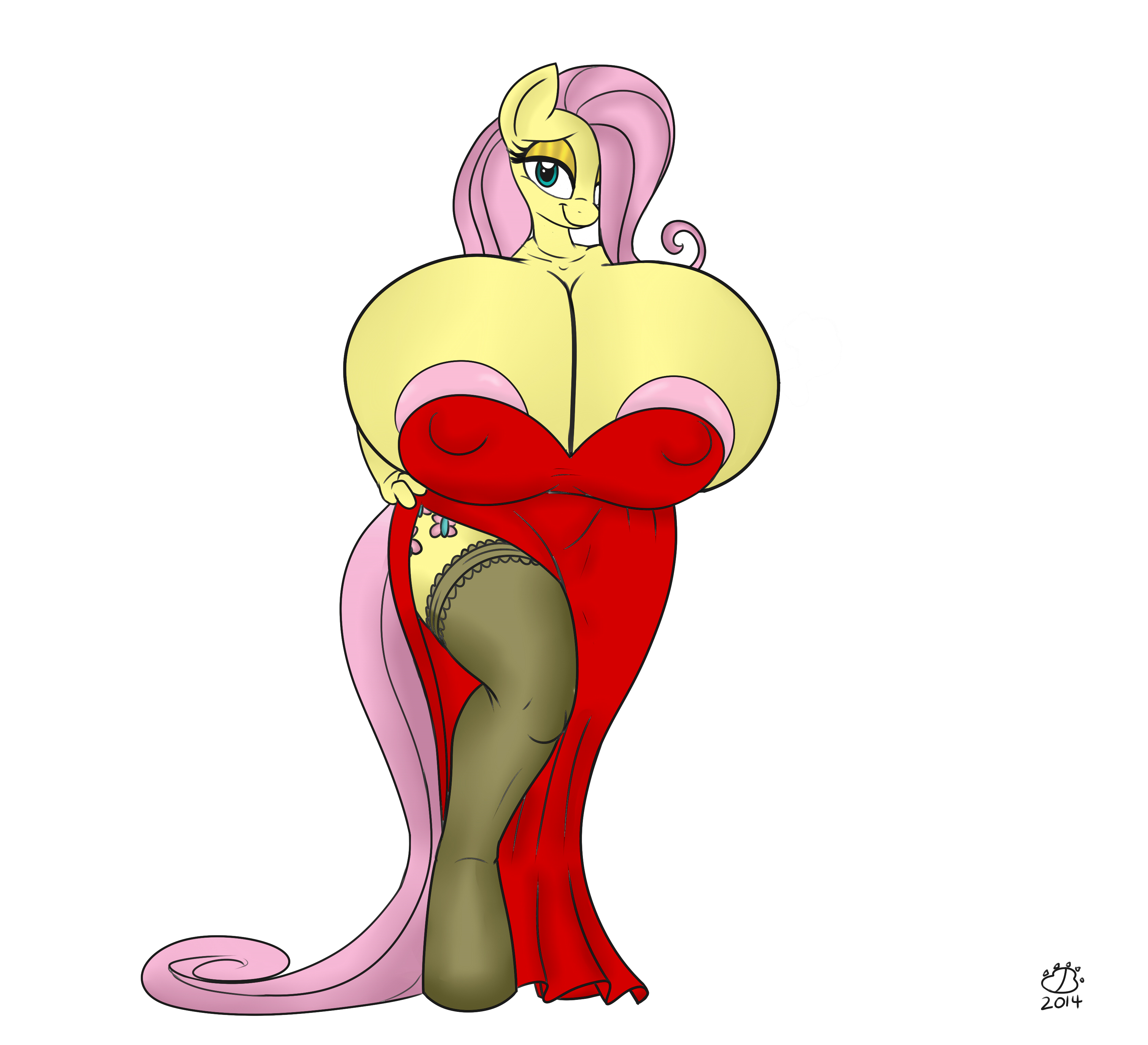 720525 - questionable, artist:badgerben, fluttershy, anthro, unguligrade  anthro, g4, big breasts, breasts, busty fluttershy, clothes, dress, female,  high res, huge breasts, impossibly large breasts, jessica rabbit, solo,  solo female, thigh highs, who