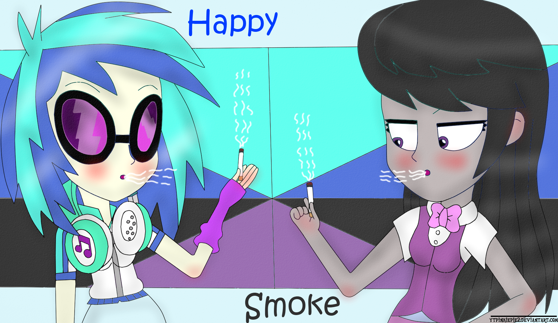 816137 - safe, artist:ytpinkiepie2, dj pon-3, octavia melody, vinyl  scratch, equestria girls, g4, cigarette, duo, smoking - Derpibooru