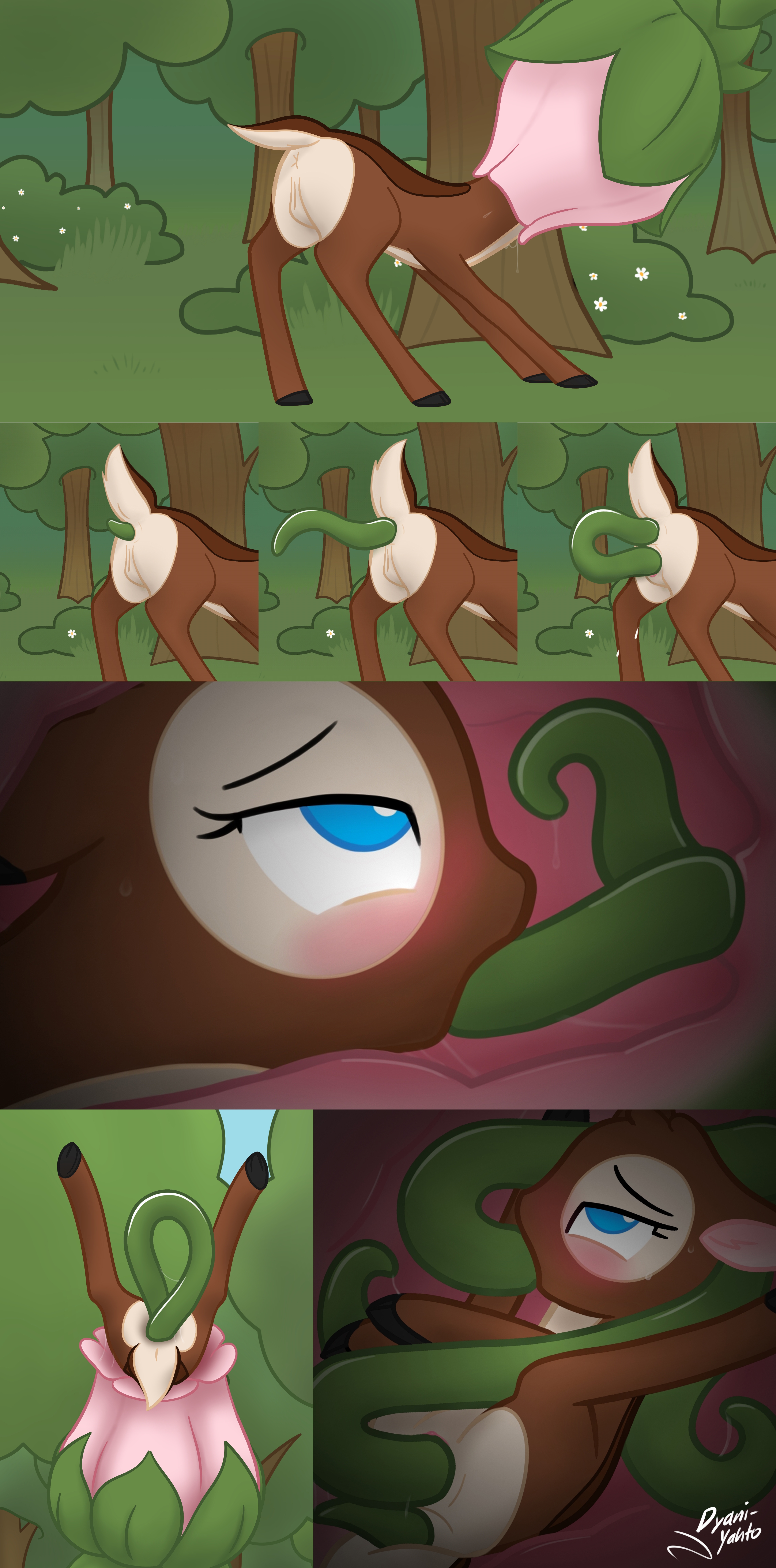 1001397 - explicit, artist:dyani-yahto, oc, oc only, oc:maplepuff, deer,  all the way through, anal, anus, ass to vag, butt, carnivorous plant,  comic, doe, female, fetish, flower, head first, multiple penetration,  nudity, oral,