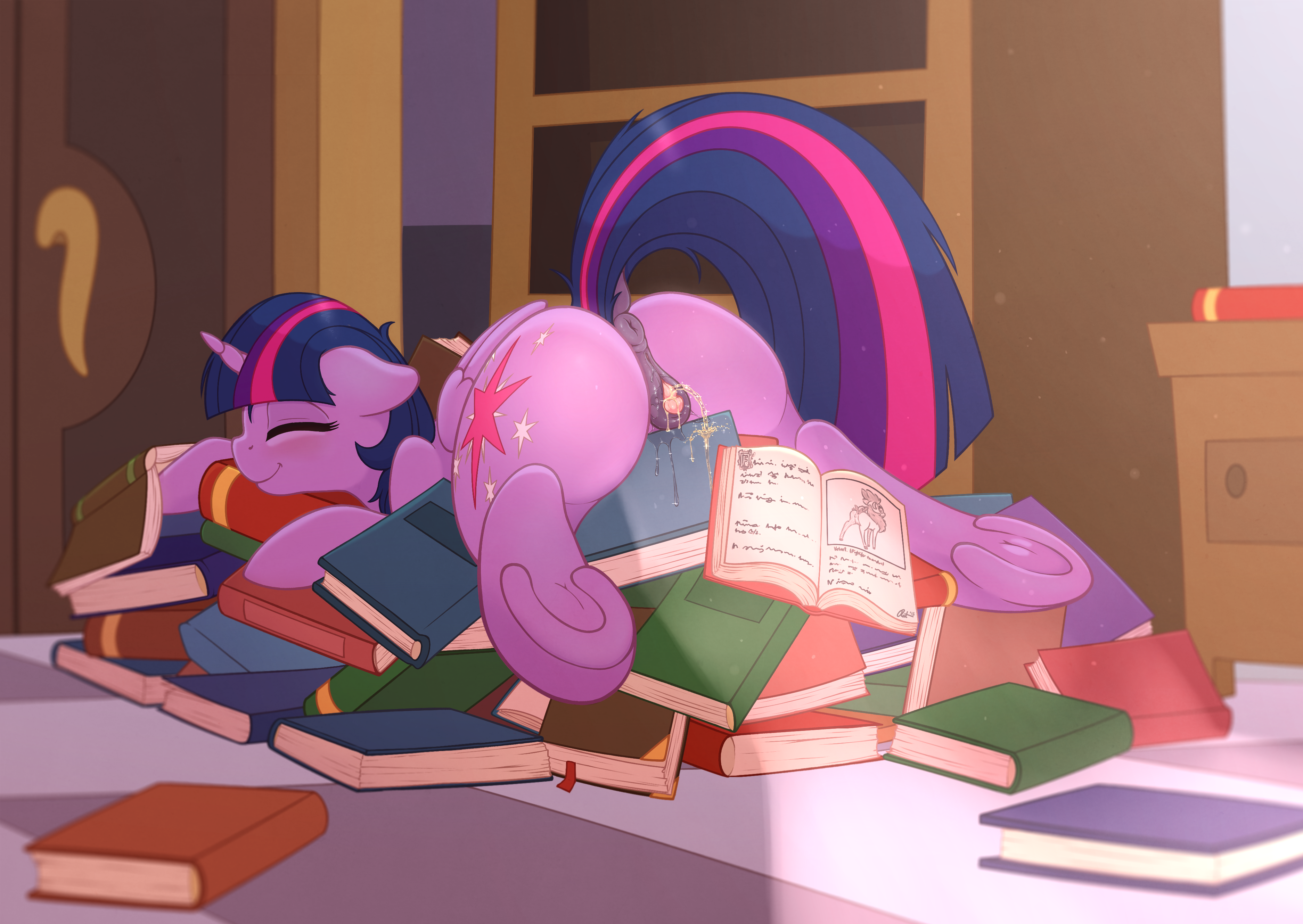 3750px x 2660px - 993424 - explicit, artist:ratofdrawn, twilight sparkle, alicorn, deer,  pony, reindeer, them's fightin' herds, princess spike (episode), accident,  anatomically correct, anus, bedwetting, book, book nest, community related,  cute, cute porn, female, mare 