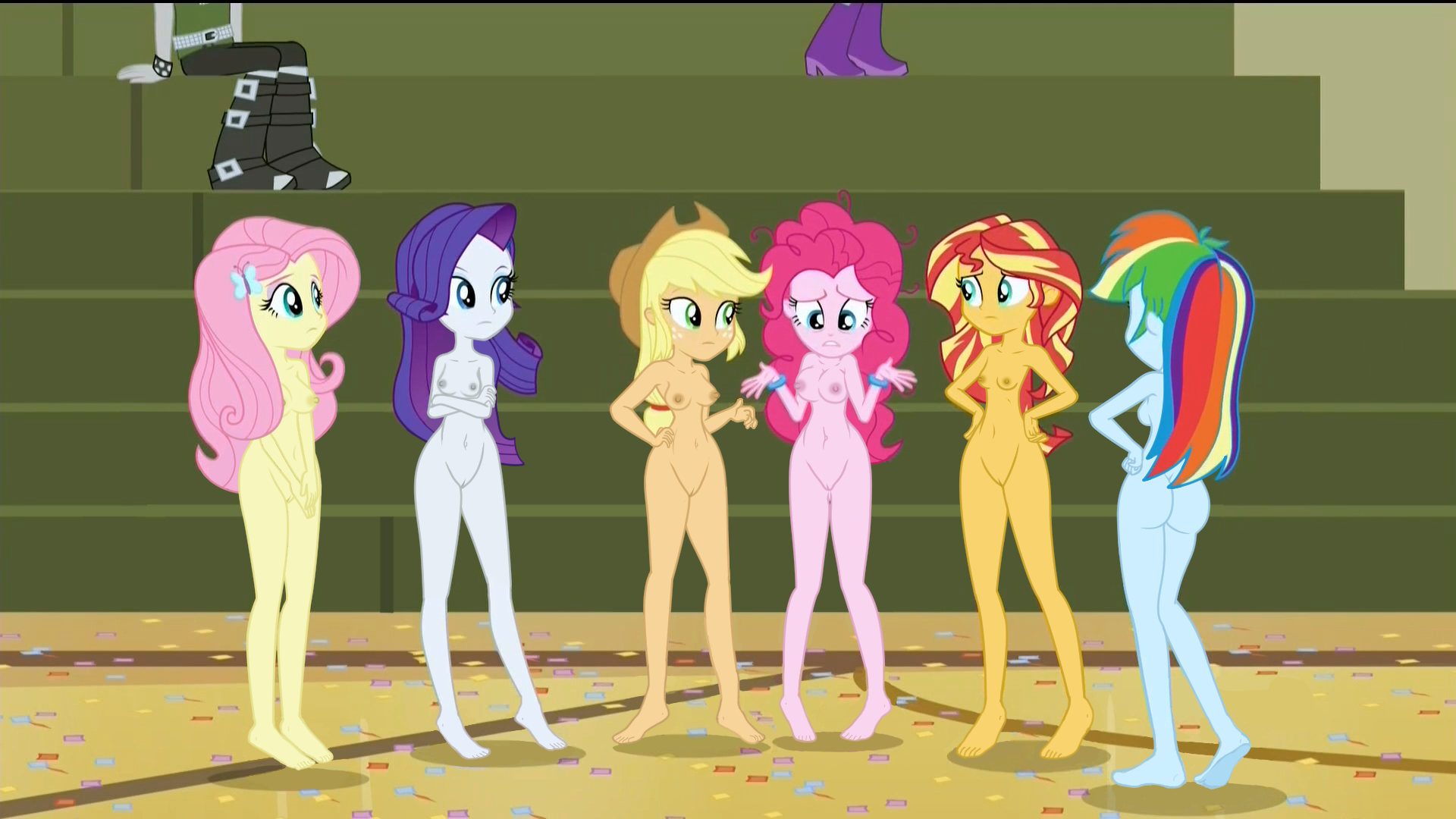 997267 - explicit, edit, edited screencap, screencap, applejack,  fluttershy, pinkie pie, rainbow dash, rarity, sunset shimmer, equestria  girls, g4, my little pony equestria girls: friendship games, alternate  humane six, barefoot, bracelet, breasts,