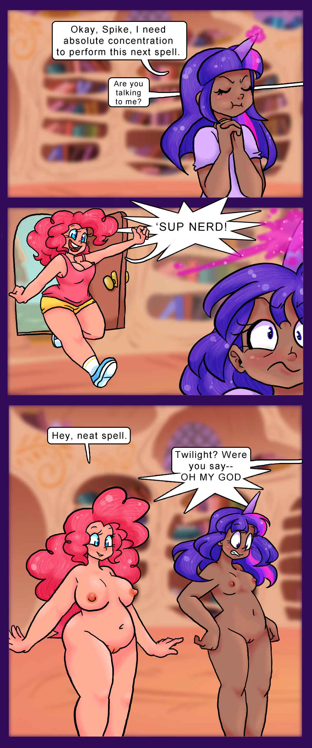 1031632 - explicit, artist:puds, pinkie pie, twilight sparkle, human, g4,  accidental exposure, assisted exposure, belly button, breasts, chubby,  cleavage, clothes, comic, dark skin, embarrassed, embarrassed nude  exposure, exposed breasts, female ...