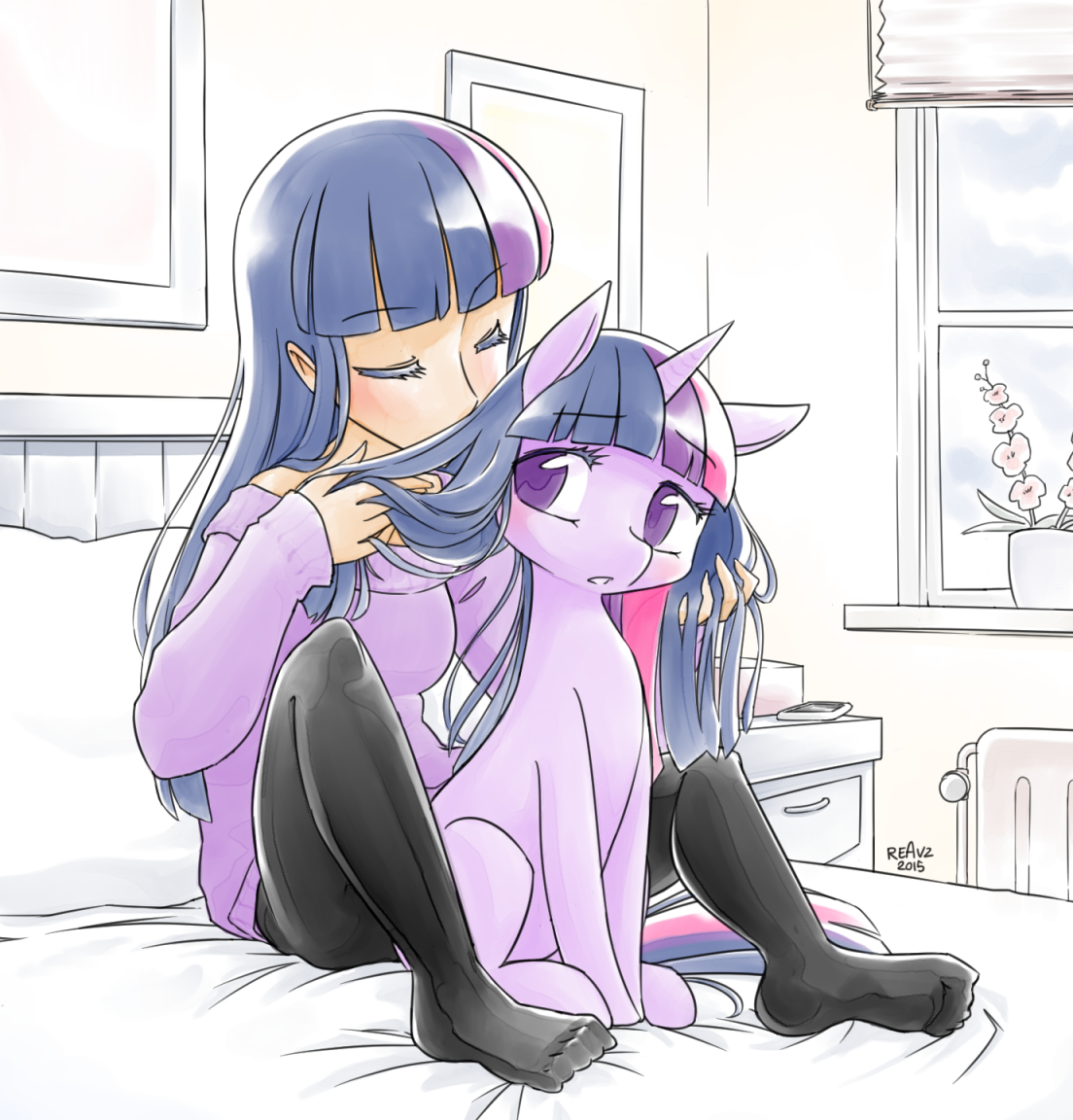 Human Twilight And Trixie Porn - 827537 - safe, artist:reavz, twilight sparkle, human, pony, unicorn, bed,  clothes, colored pupils, cute, duo, eyes closed, feet, female, human  ponidox, humanized, light skin, looking back, mare, pantyhose, self  ponidox, sitting, sniffing,