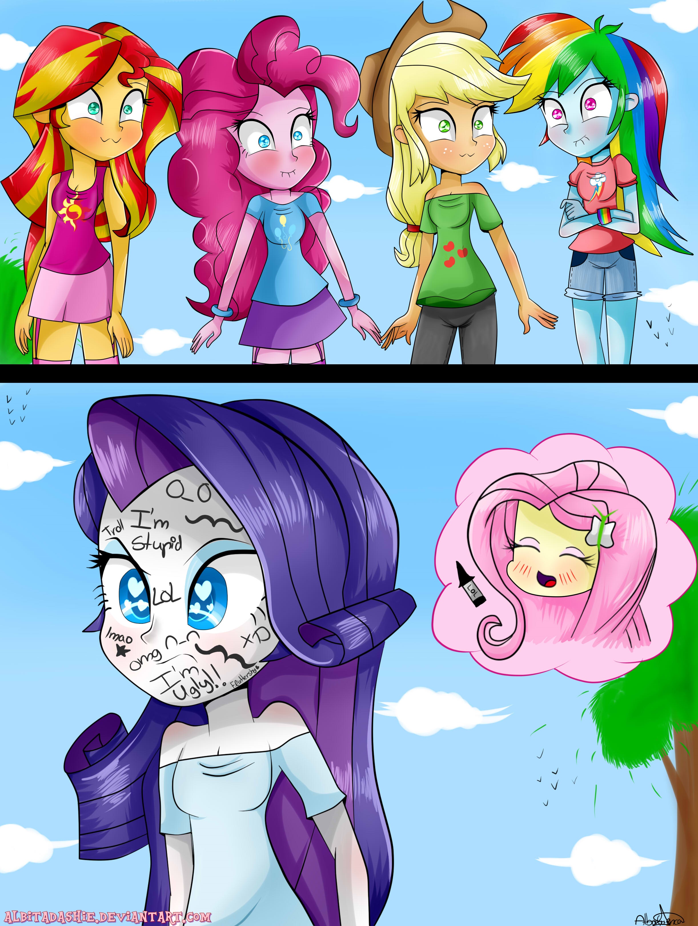 1977139 - safe, artist:azaleasdolls, artist:minicarly, applejack,  fluttershy, pinkie pie, rainbow dash, rarity, twilight sparkle, alicorn,  mermaid, equestria girls, g4, bare shoulders, clothes, crossover, cutie  mark on human, disney, disney style, fin