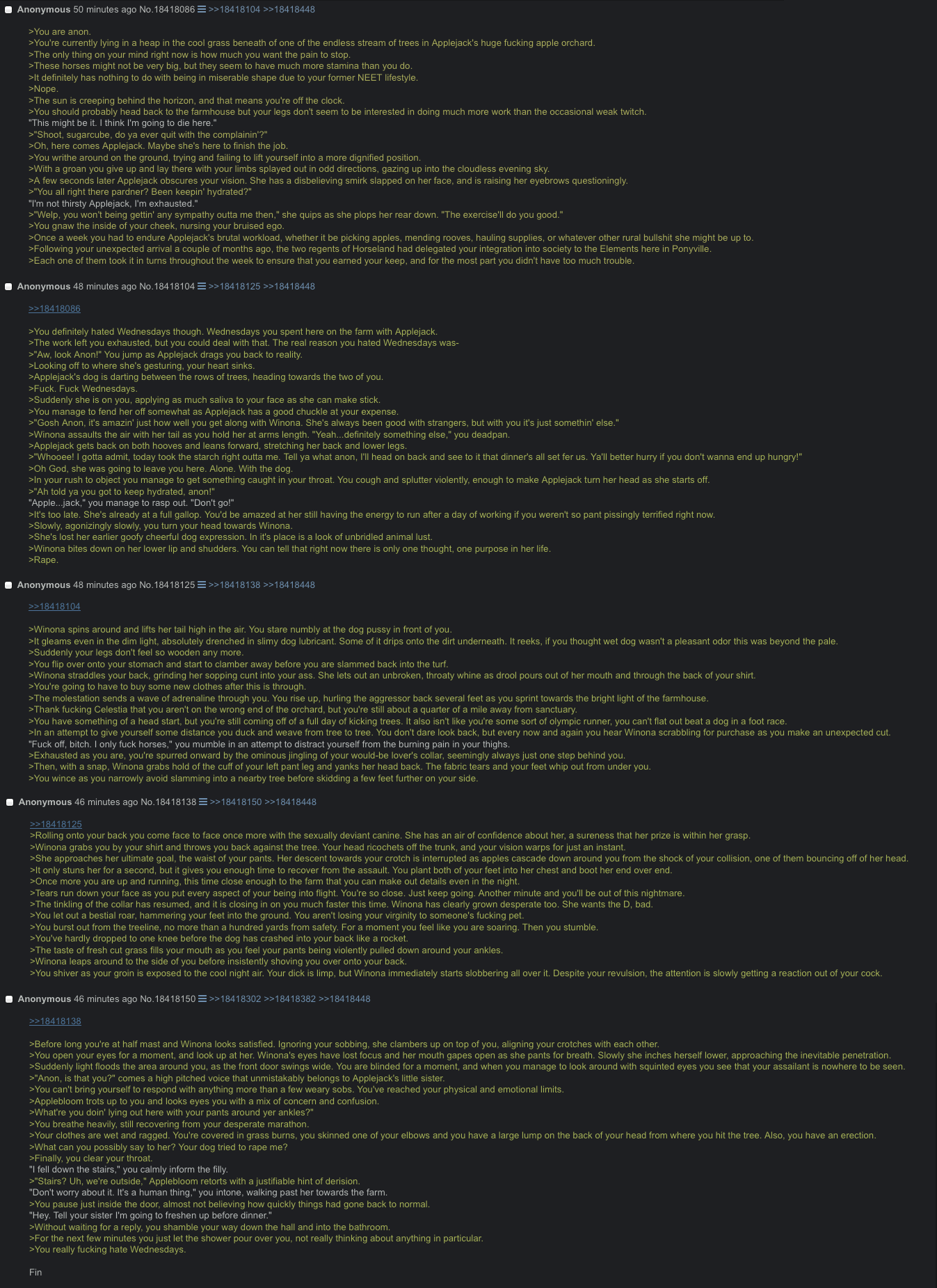 846437 - explicit, grimdark, winona, oc, oc:anon, g4, /mlp/, 4chan, 4chan  screencap, >rape, anon in equestria, bestiality, female, greentext, how,  interspecies, male, no pony, rape, running, straight, text, text only,  vaginal secretions,
