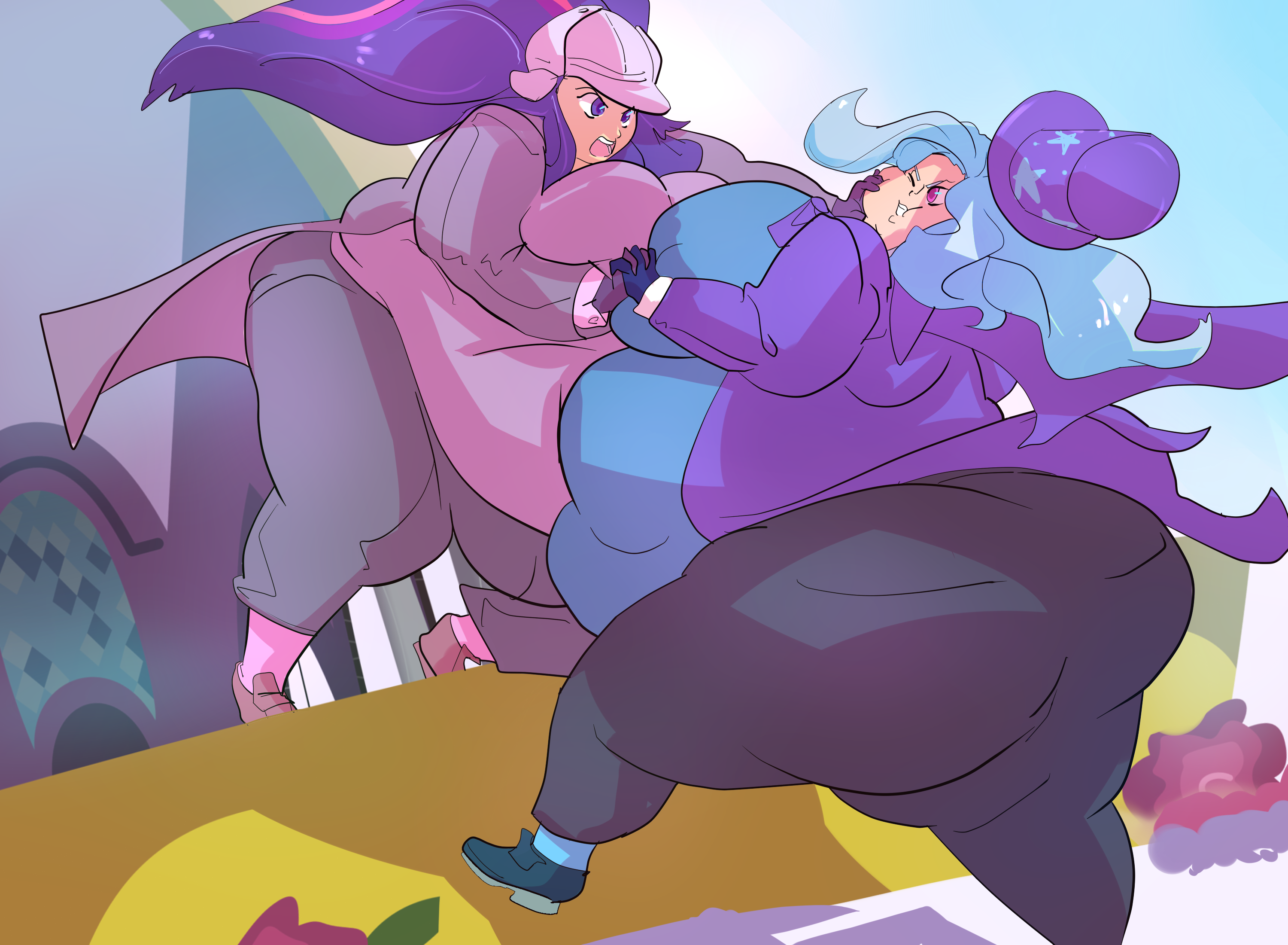 840838 - dead source, suggestive, artist:bedbendersinc, trixie, twilight  sparkle, human, balcony, breasts, busty trixie, canterlot castle, fat,  female, fight, humanized, james moriarty, morbidly obese, obese, professor  mareiarty, professor trixiarty ...