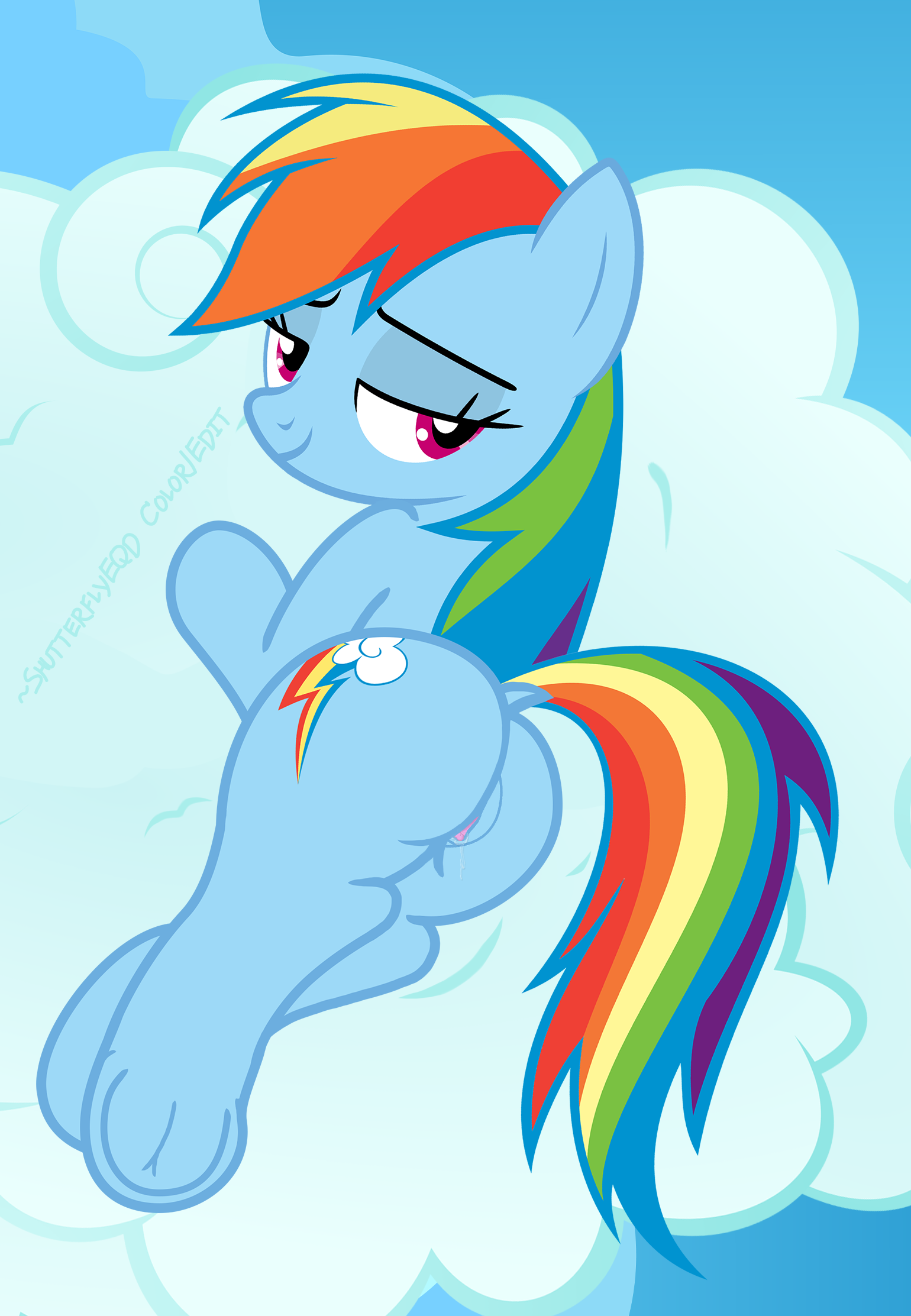 896603 - explicit, artist:an-tonio, artist:shutterflyeqd, rainbow dash,  pegasus, pony, g4, bedroom eyes, butt, clitoris, dock, dripping, female,  flank, looking at you, looking back, mare, nudity, plot, presenting,  rainbutt dash, show accurate, show, image size:1540x2225