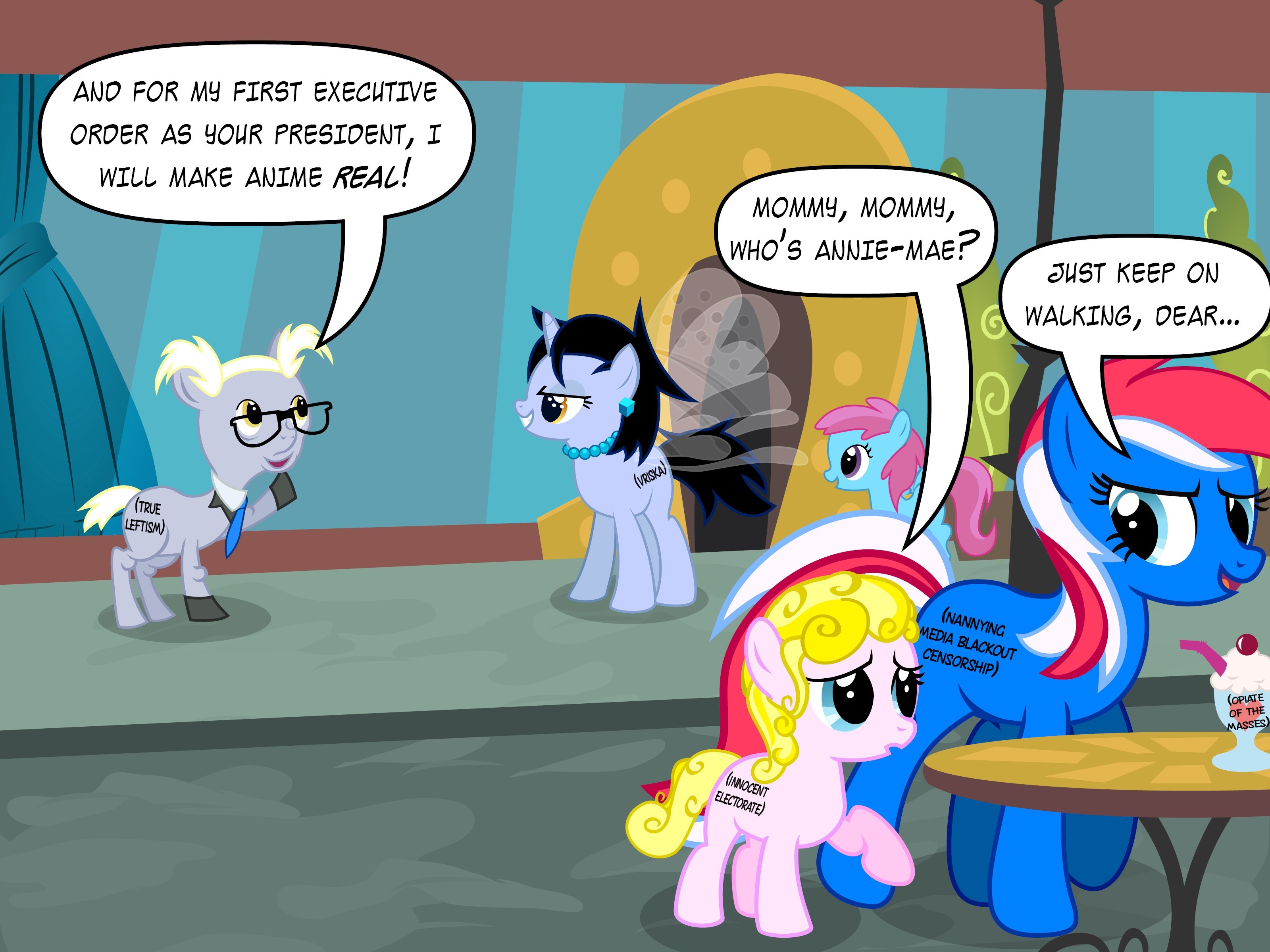 953827 - safe, artist:violetclm, cottonbelle, flutter pony, anime, bernie  sanders, crossover, extra mouth, homestuck, manehattan, political cartoon,  ponified, vriska serket, wat, weird - Derpibooru