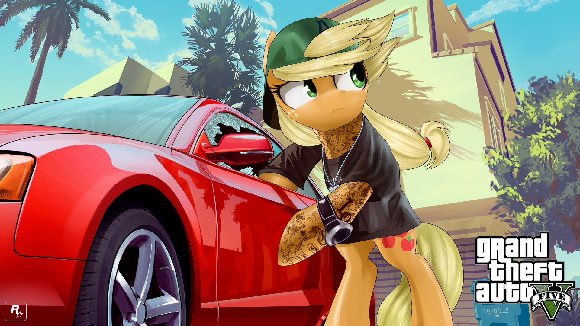 982805 - dead source, safe, artist:supermare, applejack, earth pony, pony,  g4, car, clothes, crossover, female, grand theft auto, gta v, hat, lamar  davis, mare, obey (car), obey tailgater, shirt, solo, tattoo, wallpaper,