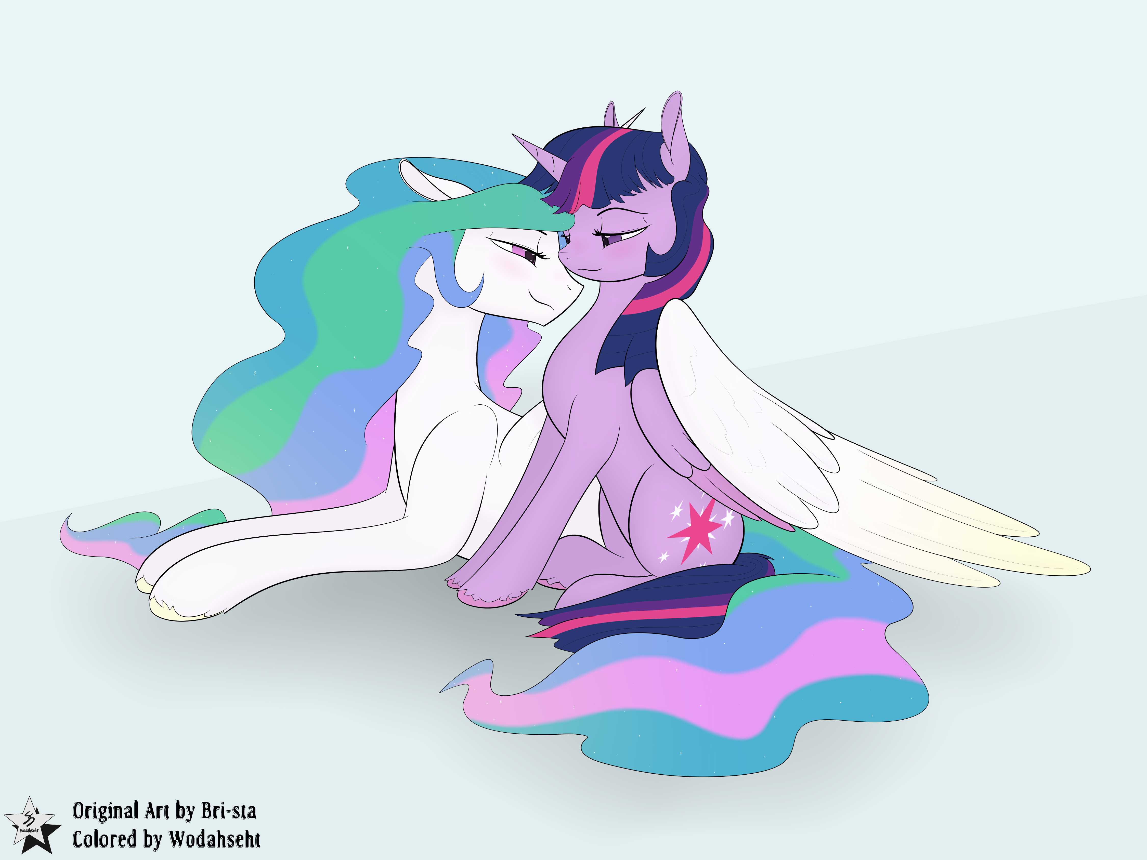 988552 - safe, artist:bri-sta, artist:wodahseht, princess celestia,  twilight sparkle, alicorn, pony, g4, bedroom eyes, cute, cutelestia,  female, hug, lesbian, mare, ship:twilestia, shipping, smiling, twiabetes,  twilight sparkle (alicorn), winghug ...