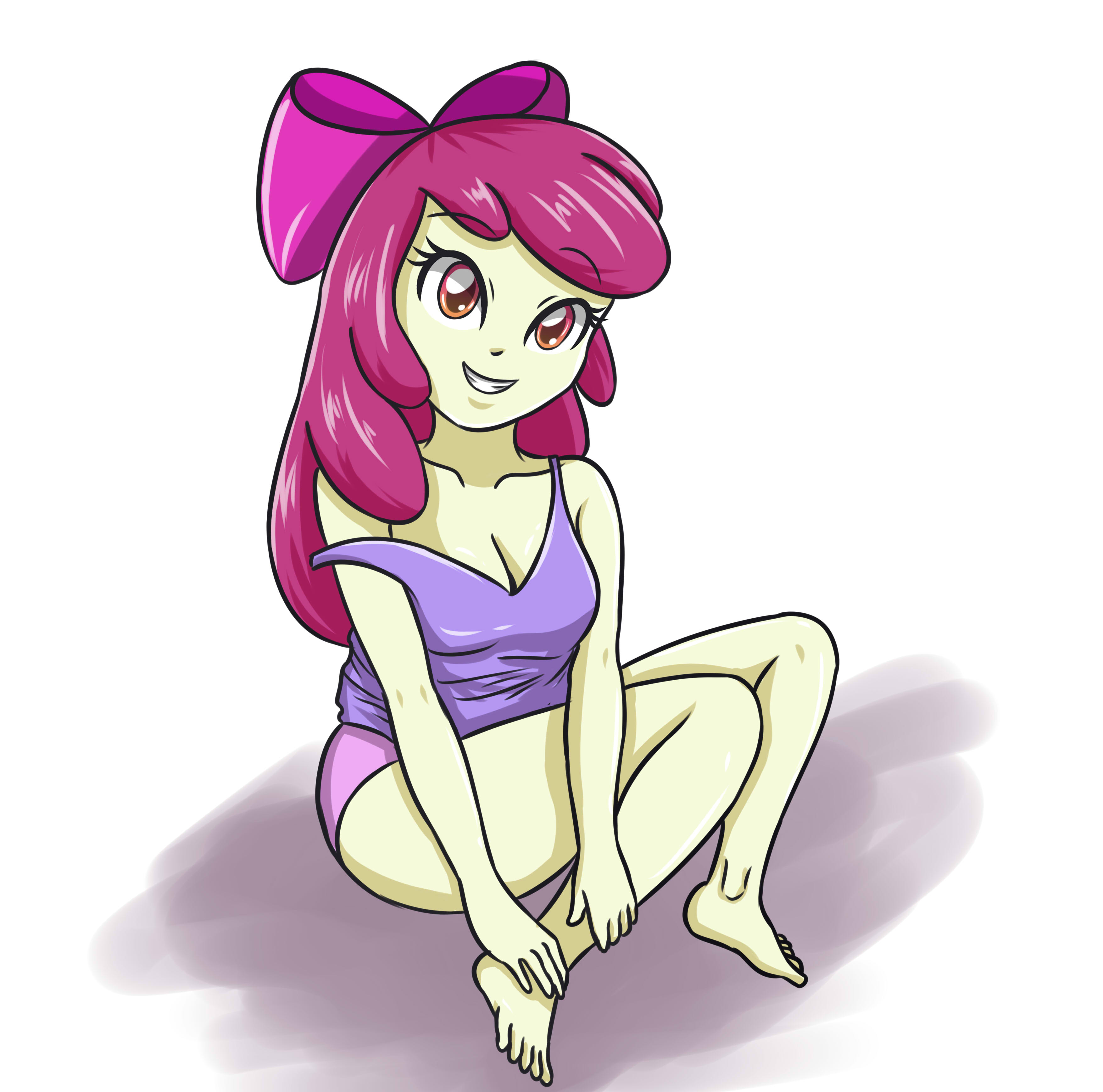 1277572 - suggestive, artist:sumin6301, apple bloom, equestria girls, g4,  adorabloom, barefoot, beautiful, beautiful eyes, beautiful hair, breasts,  busty apple bloom, cleavage, clothes, cute, eyelashes, feet, female, high  res, legs, looking at you