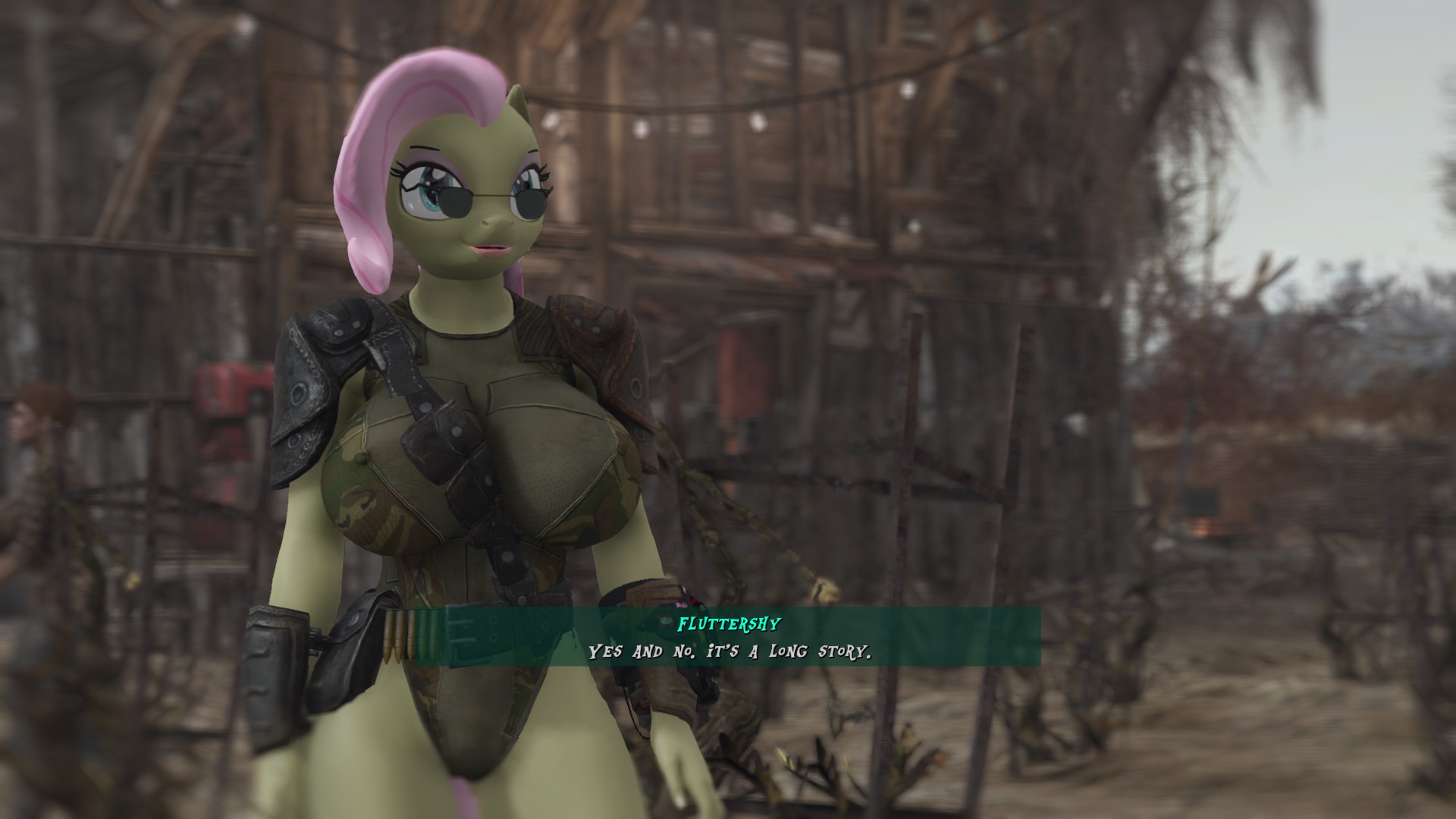 1305693 - suggestive, artist:appletart, fluttershy, anthro, g4, 3d,  ammunition belt, big breasts, breasts, busty fluttershy, clothes, context  needed, dialogue, erect nipples, eyeshadow, fallout 4, female, leather  armor, leotard, lipstick, makeup, mod
