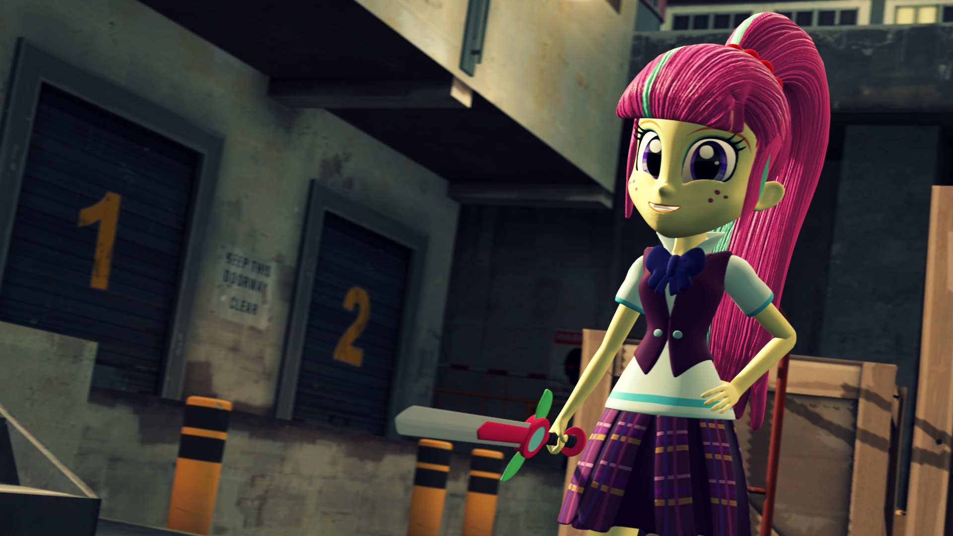 1288337 - safe, artist:razethebeast, sour sweet, equestria girls, 3d,  clothes, crystal prep academy uniform, crystal prep shadowbolts, female,  forces of harmony, freckles, happy, pleated skirt, scenery, school uniform,  skirt, solo, source filmmaker -