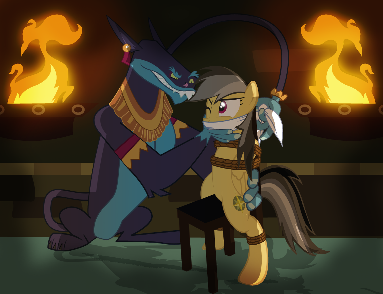 1106620 - safe, artist:radiantrealm, ahuizotl, daring do, pegasus, pony,  g4, bondage, bound and gagged, bound wings, butt touch, chair, cloth gag,  female, femsub, gag, gagging, hand on butt, male, maledom, rope, show