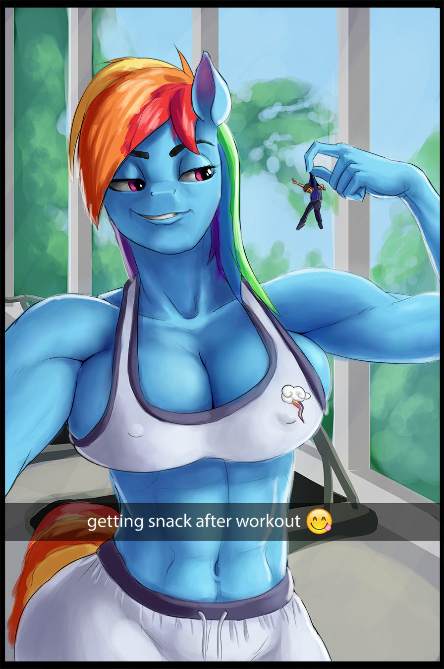 1109654 - source needed, questionable, artist:maarthul, rainbow dash,  human, anthro, g4, abs, breasts, busty rainbow dash, cleavage, emoji, faic,  female, giantess, imminent vore, implied vore, macro, micro, muscles,  preddash, rainbuff dash, smug,