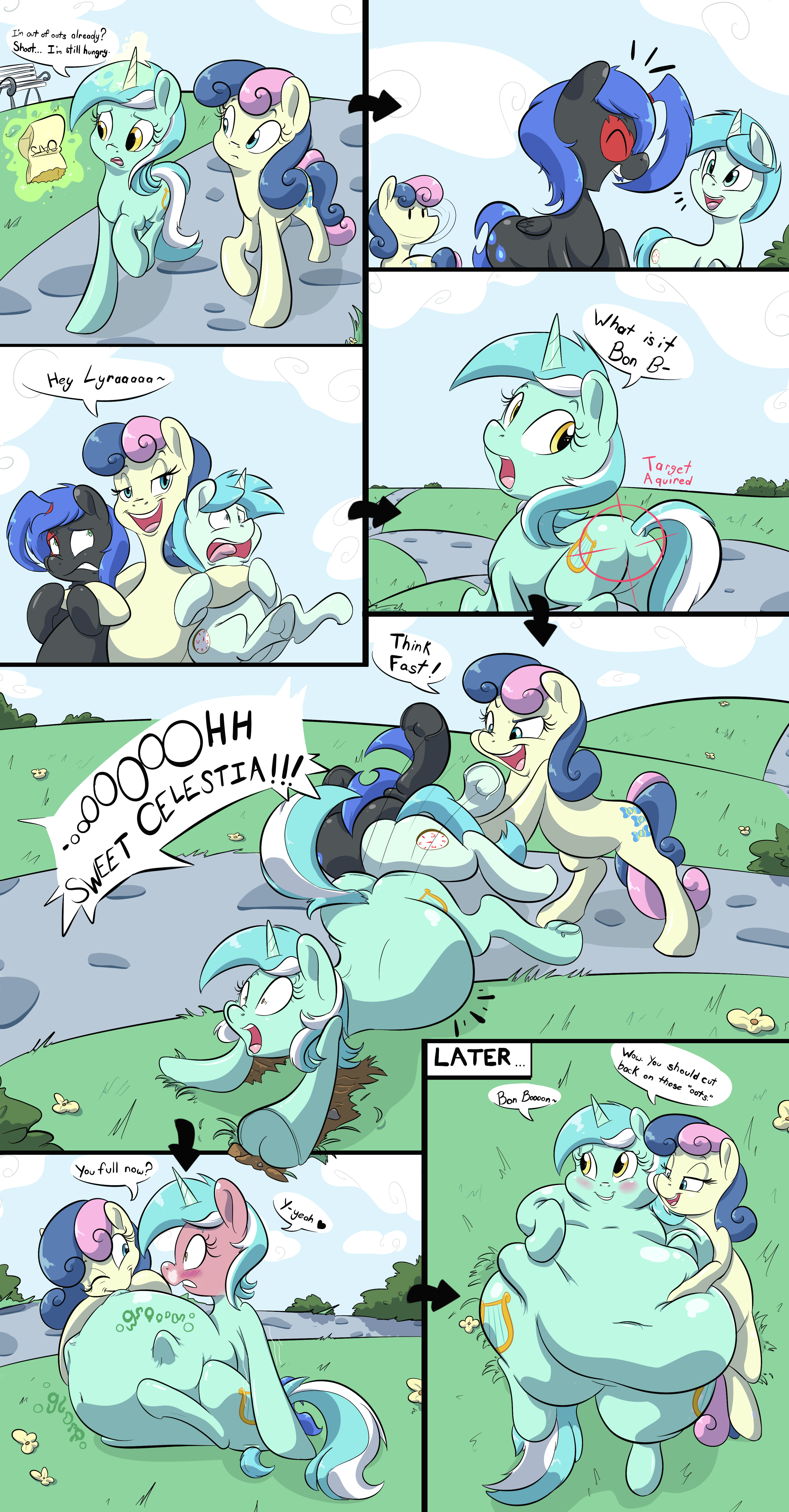 1135569 - questionable, artist:anonopony, bon bon, lyra heartstrings,  sweetie drops, oc, oc:reiku, oc:sky guide, earth pony, pony, unicorn, g4,  anal vore, ass, bedroom eyes, belly, big belly, blushing, butt, chubby,  comic, dialogue,