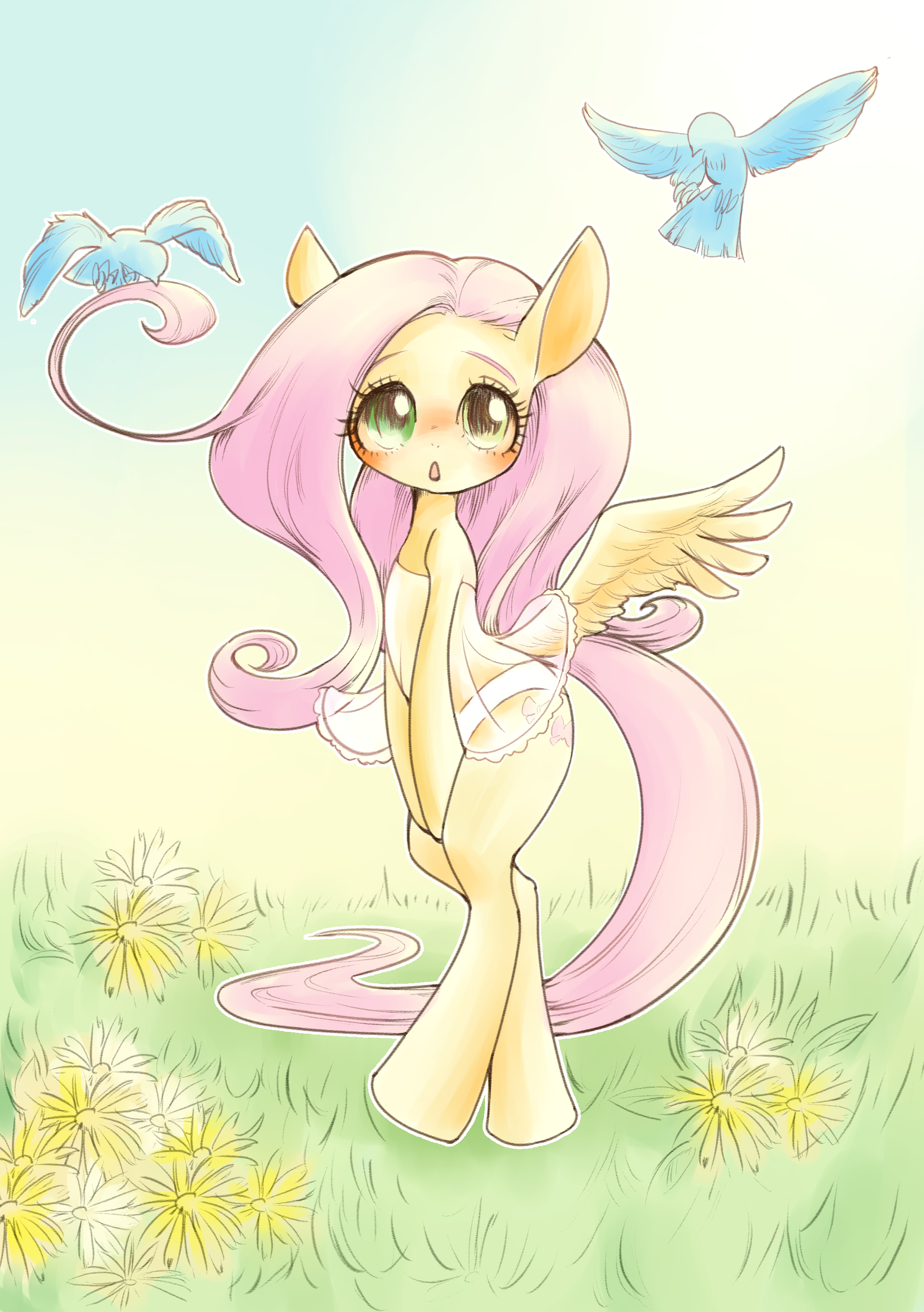 #1136529 - suggestive, artist:unousaya, fluttershy, bird, pony, bipedal ...