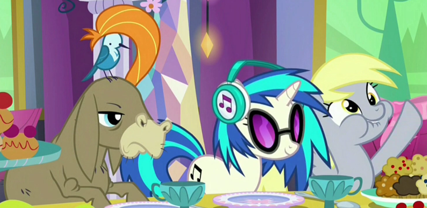 #1143183 - safe, screencap, cranky doodle donkey, derpy hooves, dj pon ...