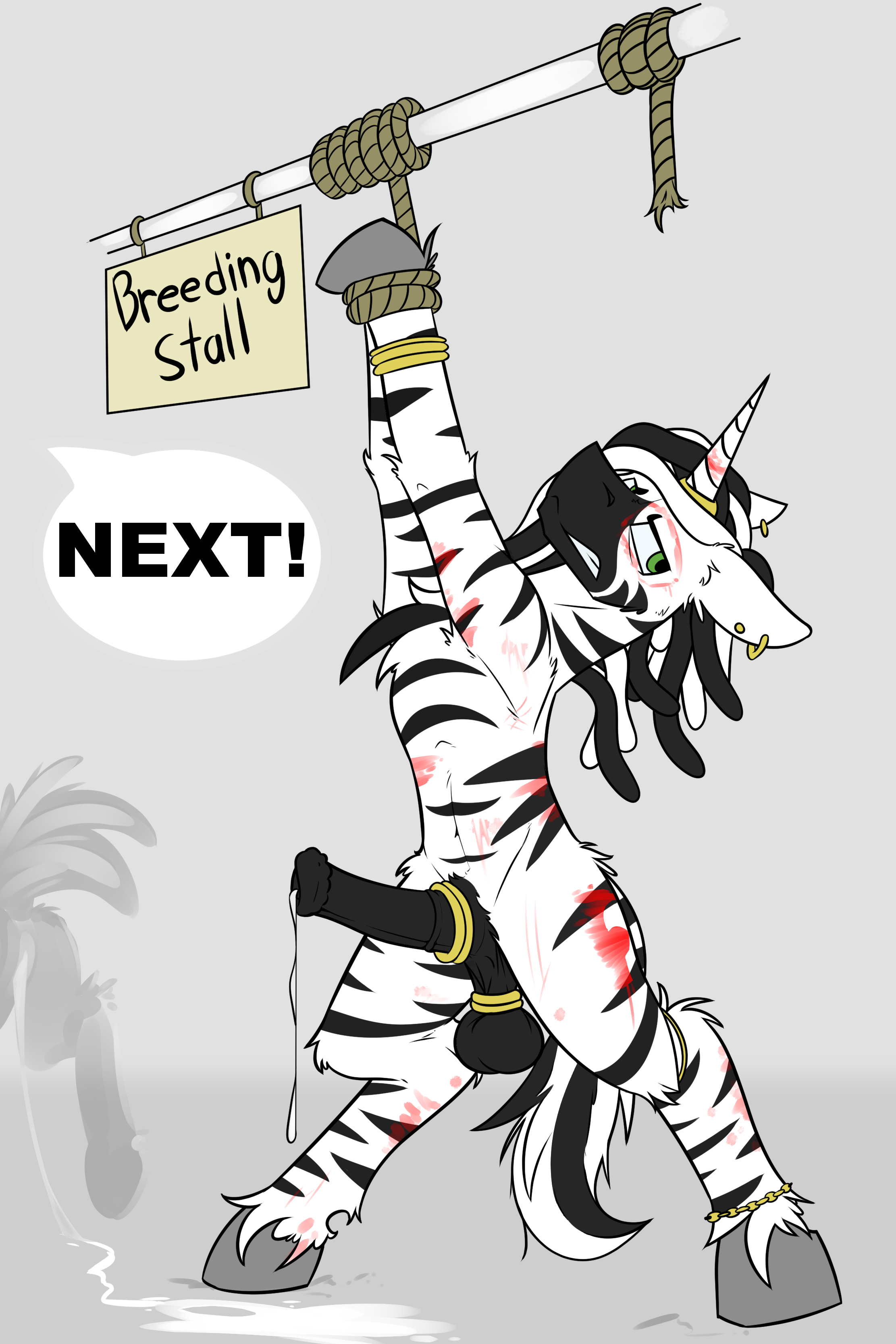 1144554 - explicit, grimdark, artist:ralek, oc, oc only, oc:black magic,  oc:siegblack, zebra, zebracorn, ball ring, bondage, breeding, breeding  facility, breeding mount, breeding slave, cbt, cockring, creampie, cum, cum  pool, dreadlocks, excessive cum,