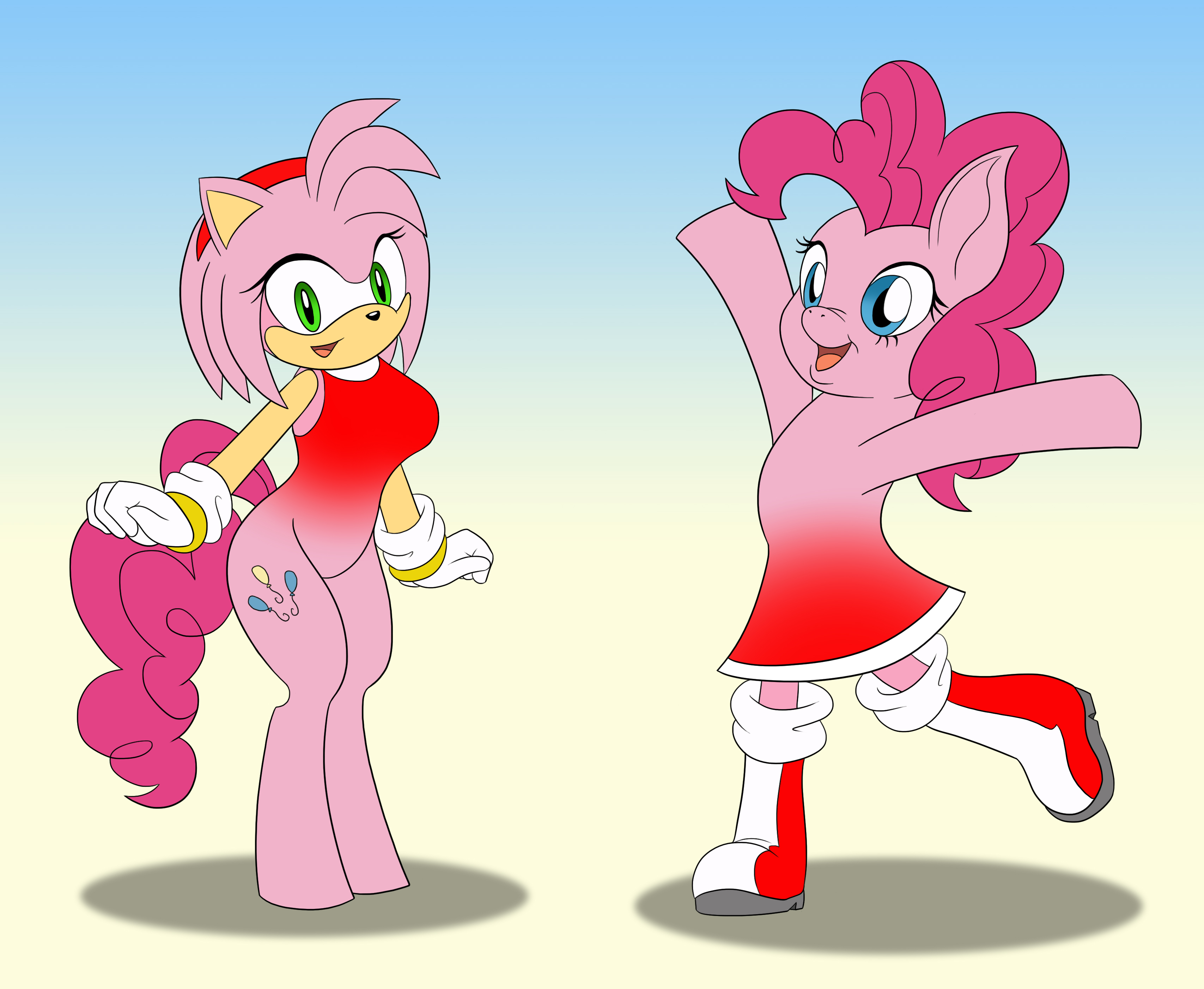 1167495 - safe, artist:foxbeast, part of a set, pinkie pie, hybrid, g4, amy  rose, body swap, character to character, crossover, female, gradient  background, high res, male, part of a series, partial body