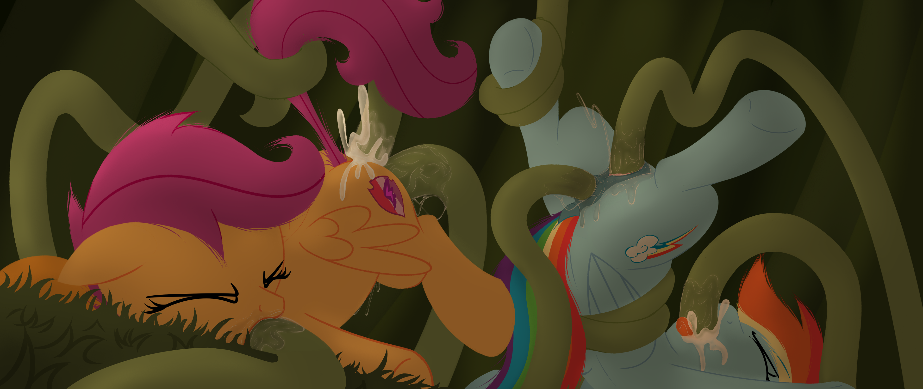 3840px x 1620px - 1191416 - explicit, artist:dtcx97, rainbow dash, scootaloo, pegasus, pony,  all three filled, anal, anal creampie, bondage, consentacles, creampie,  cum, cum in mouth, cumming, cutie mark, dashsub, dock, drool, eyes closed,  face down