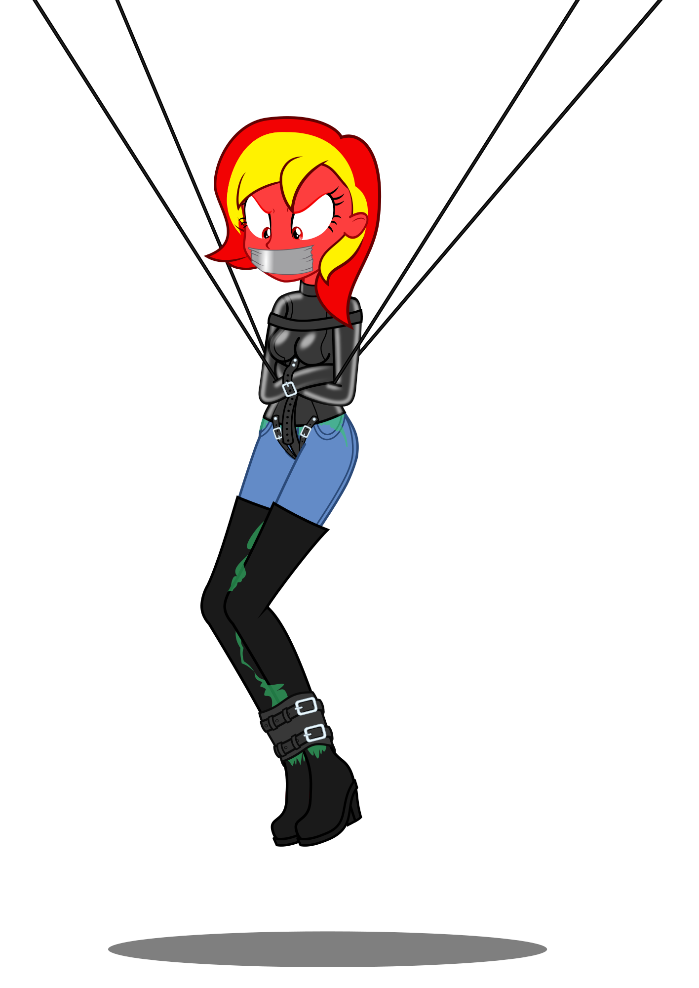 1224388 - suggestive, artist:cyberapple456, oc, oc only, oc:warmaker, goo,  equestria girls, angry, bondage, boots, breasts, clothes, equestria  girls-ified, female, gag, glue, inflatable, jeans, latex, latex suit,  pants, ropes, solo, solo female ...