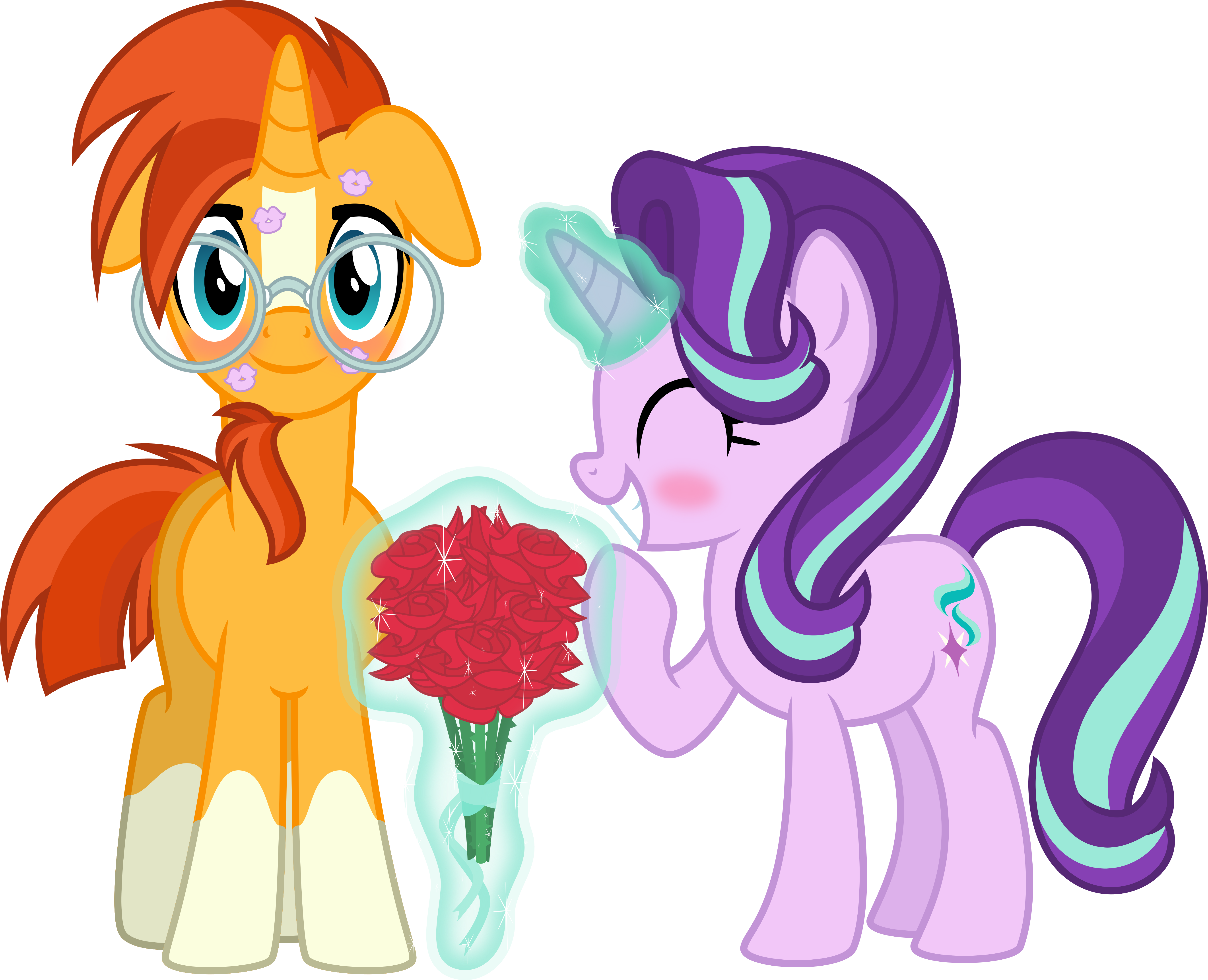 1226639 - safe, artist:osipush, starlight glimmer, sunburst, pony, unicorn,  g4, absurd resolution, bouquet, commission, cute, female, flash puppet,  glasses, goatee, kiss mark, kisses, magic, male, ship:starburst, shipping,  simple background, smiling ...