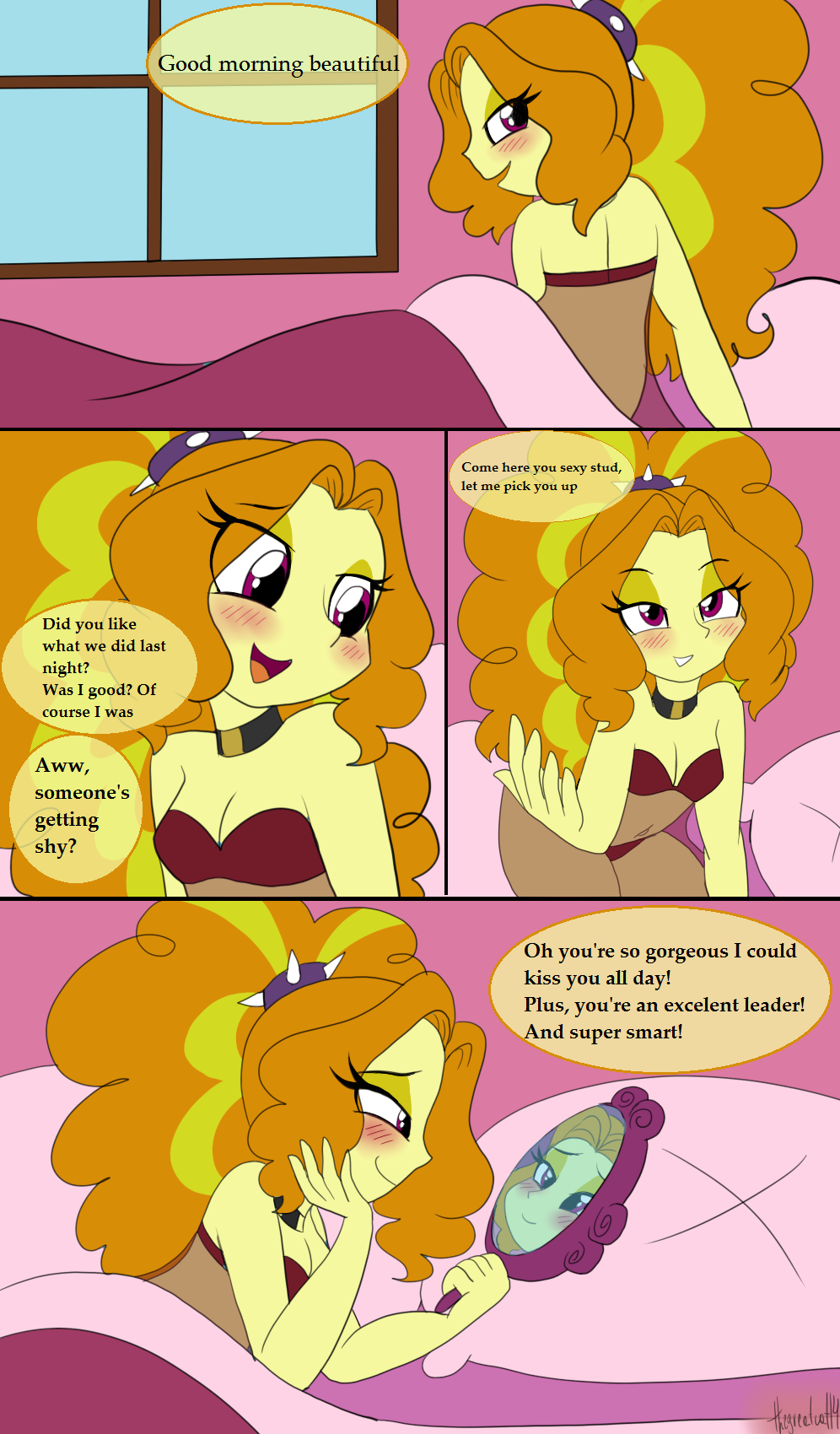 1237356 - suggestive, artist:queentigrel, adagio dazzle, equestria girls,  g4, belly button, blushing, breasts, cleavage, clothes, comic, female,  lingerie, looking at mirror, looking at self, narcissism, sexy, solo, solo  female, stupid sexy adagio