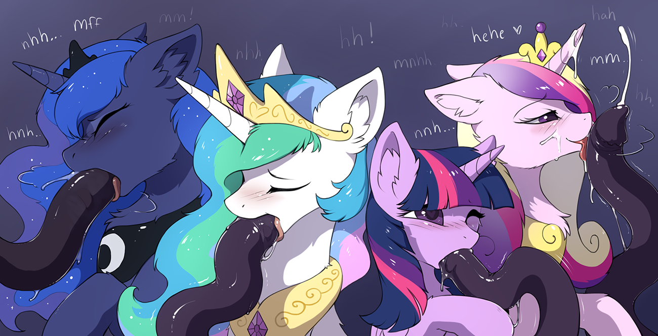 1259052 - dead source, explicit, artist:hioshiru, princess cadance, princess  celestia, princess luna, twilight sparkle, alicorn, pony, g4, :p, alicorn  tetrarchy, alicorn tetrorgy, bedroom eyes, blowjob, blushing, clopfic in  the comments, consentacles, cum,