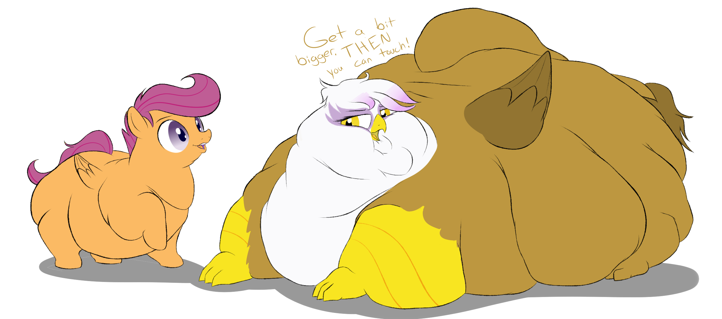 1339321 - questionable, artist:astr0zone, gilda, scootaloo, griffon, pony,  g4, dialogue, fat, female, gildough, immobile, morbidly obese, obese,  scootalard - Derpibooru