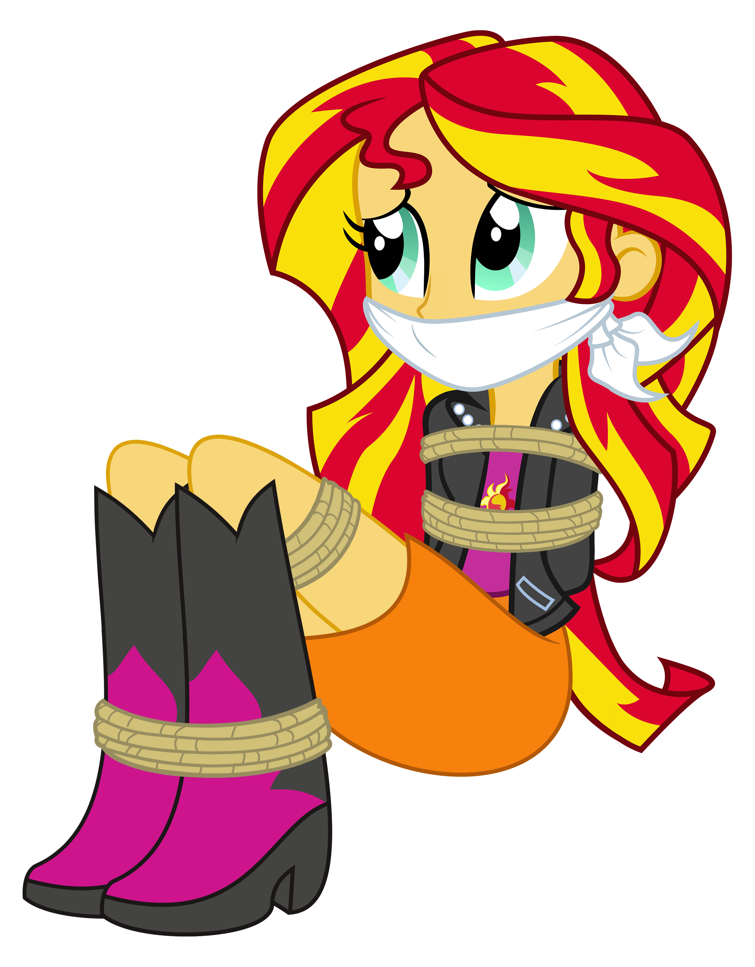 1350215 - questionable, artist:songokussjsannin8000, sunset shimmer,  equestria girls, bondage, boots, cloth gag, clothes, female, gag, high heel  boots, high heels, jacket, leather jacket, ropes, show accurate, simple  background, sitting, skirt, solo, solo