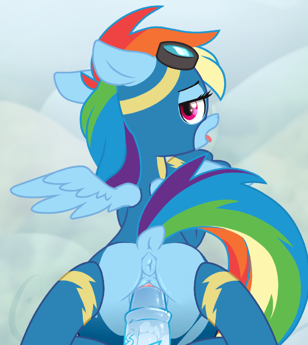 Sexy Rainbow Dash - 1333524 - explicit, artist:eto ya, rainbow dash, soarin', pony, animated,  anus, bedroom eyes, clothed sex, clothes, cloud, dock, doggy style, female,  female focus, floppy ears, from behind, gif, glazed dick, goggles, hair,
