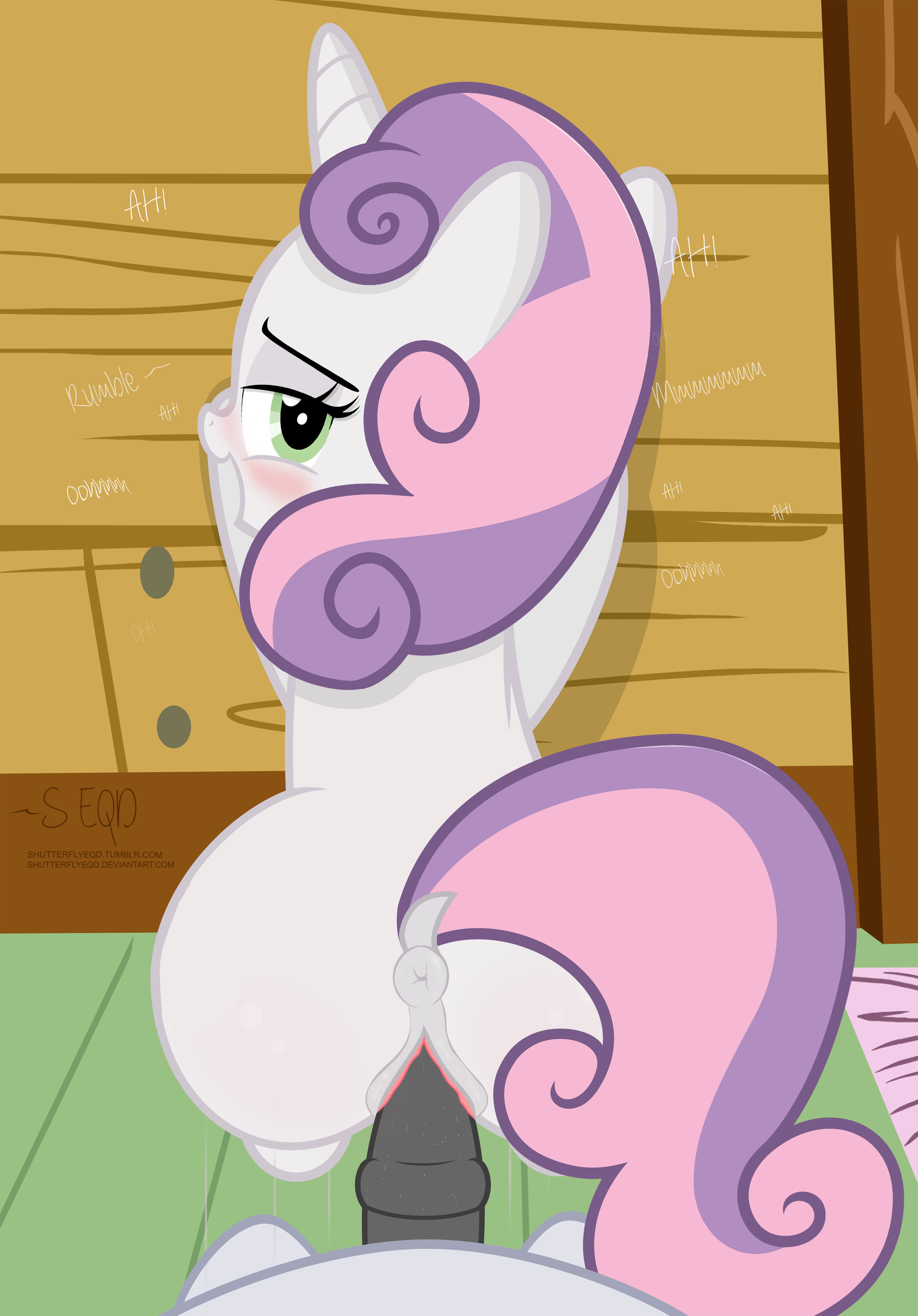 1549399 - explicit, alternate version, artist:shutterflyeqd, rumble, sweetie  belle, pony, unicorn, g4, against wall, anus, back, bedroom eyes, blank  flank, blushing, butt, colt, colt on filly, doggy style, female, female  focus, filly,