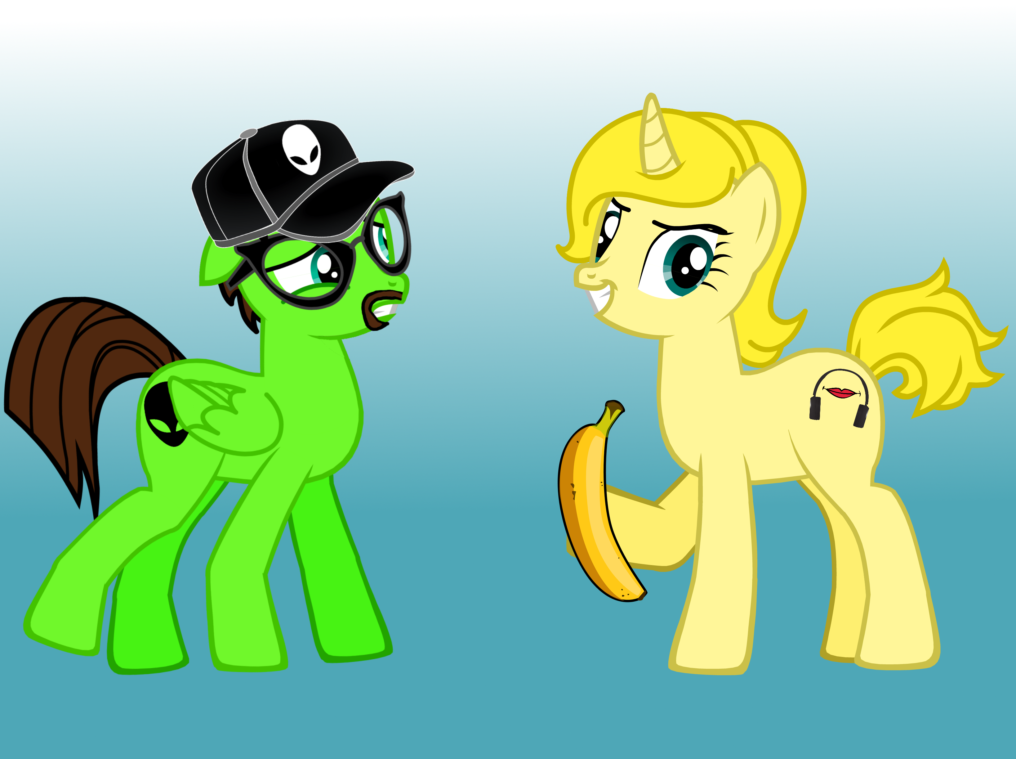 1568461 - safe, artist:grapefruitface1, alien, pony, pony creator, asmr,  awkward, awkward moment, banana, cloveress asmr, elvis the alien, food,  high res, parody, ponified, scared, show accurate, youtuber - Derpibooru