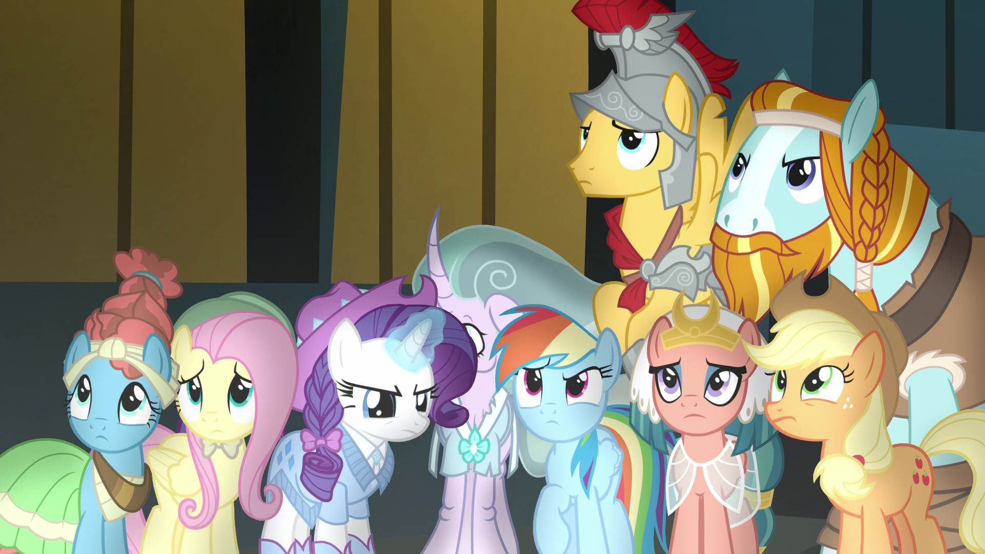 1572776 - safe, screencap, applejack, flash magnus, fluttershy,  meadowbrook, mistmane, rainbow dash, rarity, rockhoof, somnambula, earth  pony, pegasus, pony, unicorn, g4, shadow play, female, male, mare, stallion  - Derpibooru