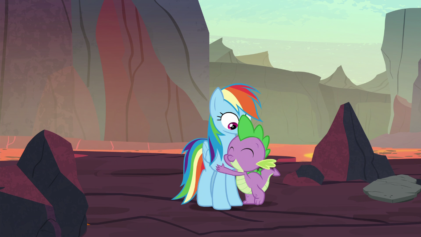 1556399 - safe, screencap, rainbow dash, spike, dragon, g4, shadow play,  dragon lands, hug - Derpibooru