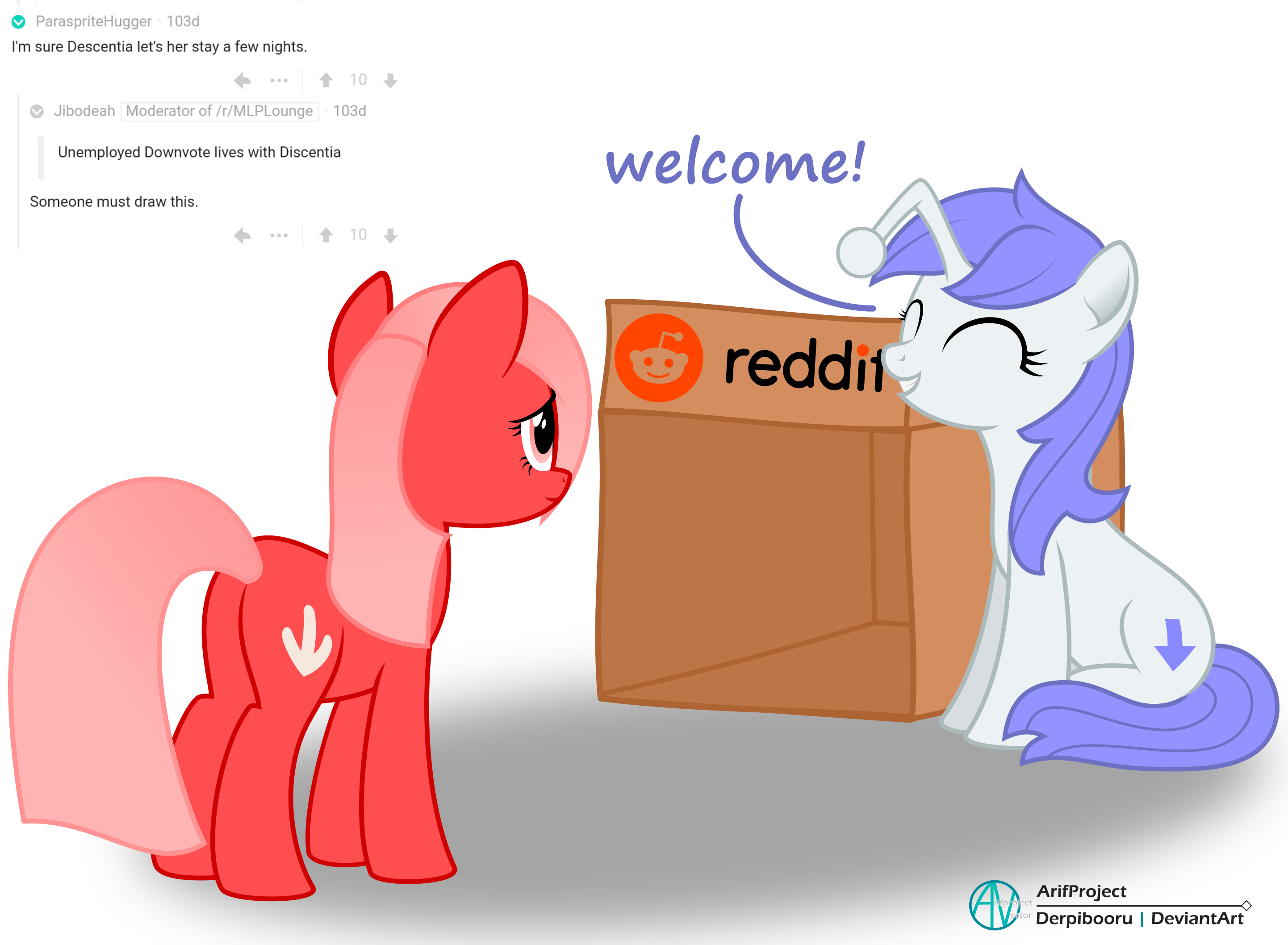1584026 Safe Artist Arifproject Oc Oc Only Oc Discentia Oc Downvote Earth Pony Pony Derpibooru Box Cardboard Box Derpibooru Ponified Downvote Duo Inkscape Meta Ponified Reddit Simple Background Smiling Transparent Background