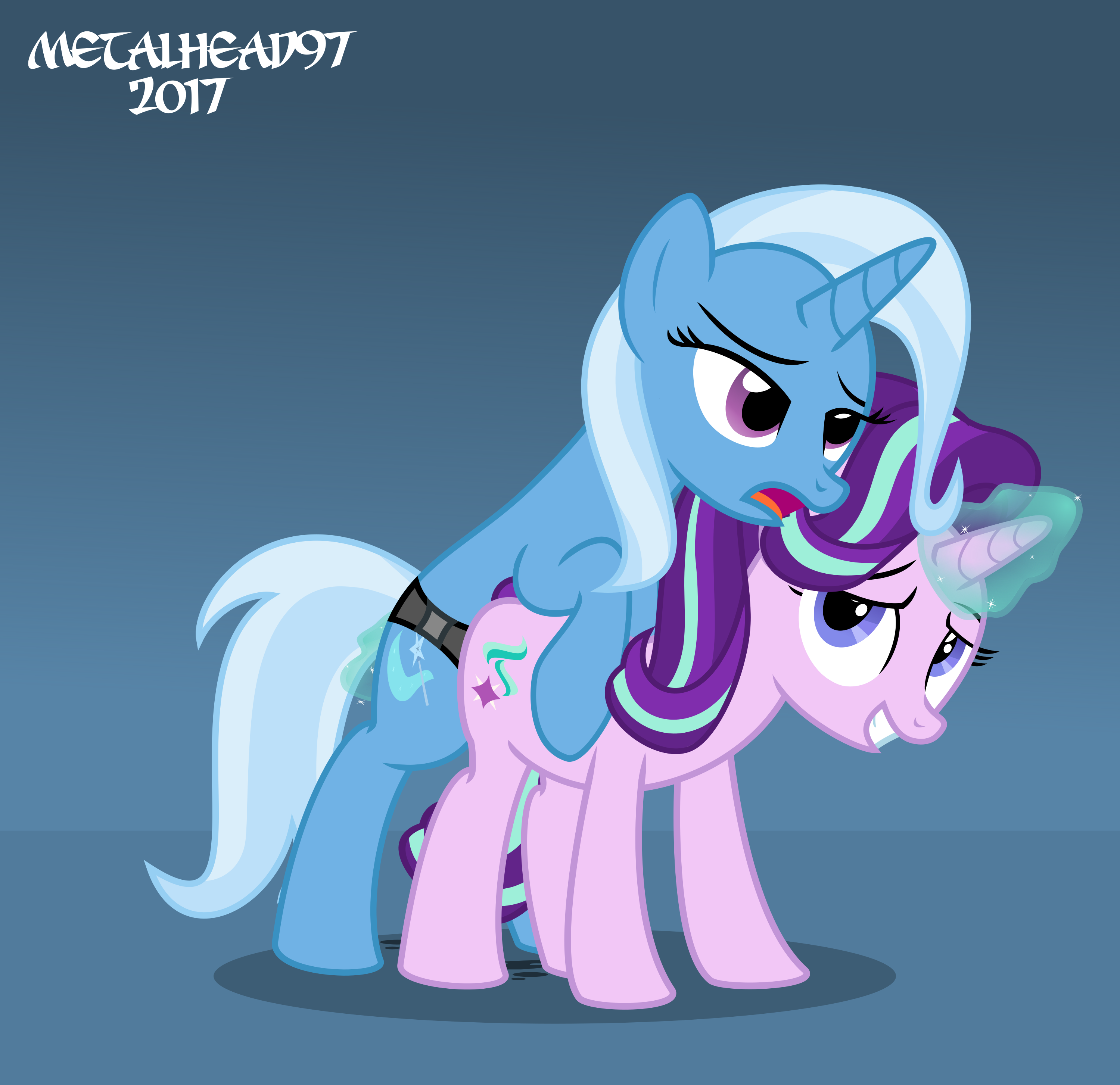 1586718 - explicit, artist:metalhead97, starlight glimmer, trixie, g4,  female, high res, lesbian, magic, magical stimulation, sex, sex toy,  ship:startrix, shipping, show accurate, show accurate porn, softcore,  strapon - Derpibooru