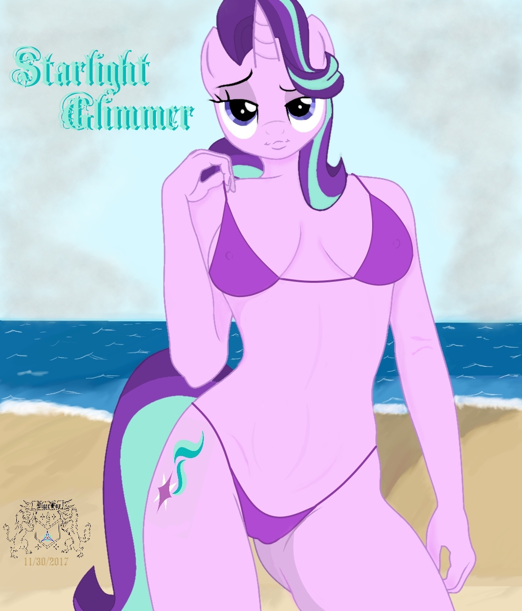 1598067 - suggestive, artist:ligerfoxzerox, starlight glimmer, anthro,  beach, bikini, breasts, busty starlight glimmer, clothes, female, panties,  small head, solo, solo female, stupid sexy starlight glimmer, swimsuit,  thong, thong swimsuit, underwear ...